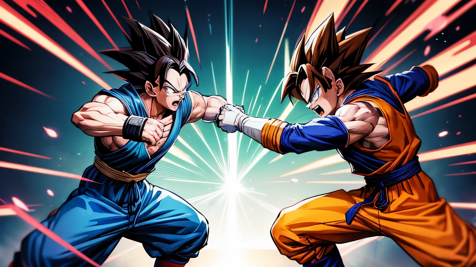 crear una imagen de estilo anime digital artwork, donde se vea una lucha epica entre Goku y Vegeta. Se debe sentir la fuerza de ambos, It should embody the essence of anime aesthetics , , characterized by bold linework, vibrant colors, and dynamic compositions. This image will pay homage to the action-packed scenes from the renowned Dragon Ball series, known for its memorable clashes and remarkable characters. The goal is to evoke a sense of excitement and nostalgia among viewers, capturing the spirit of anime fandom. captivating anime-style digital artwork rostros perfectos