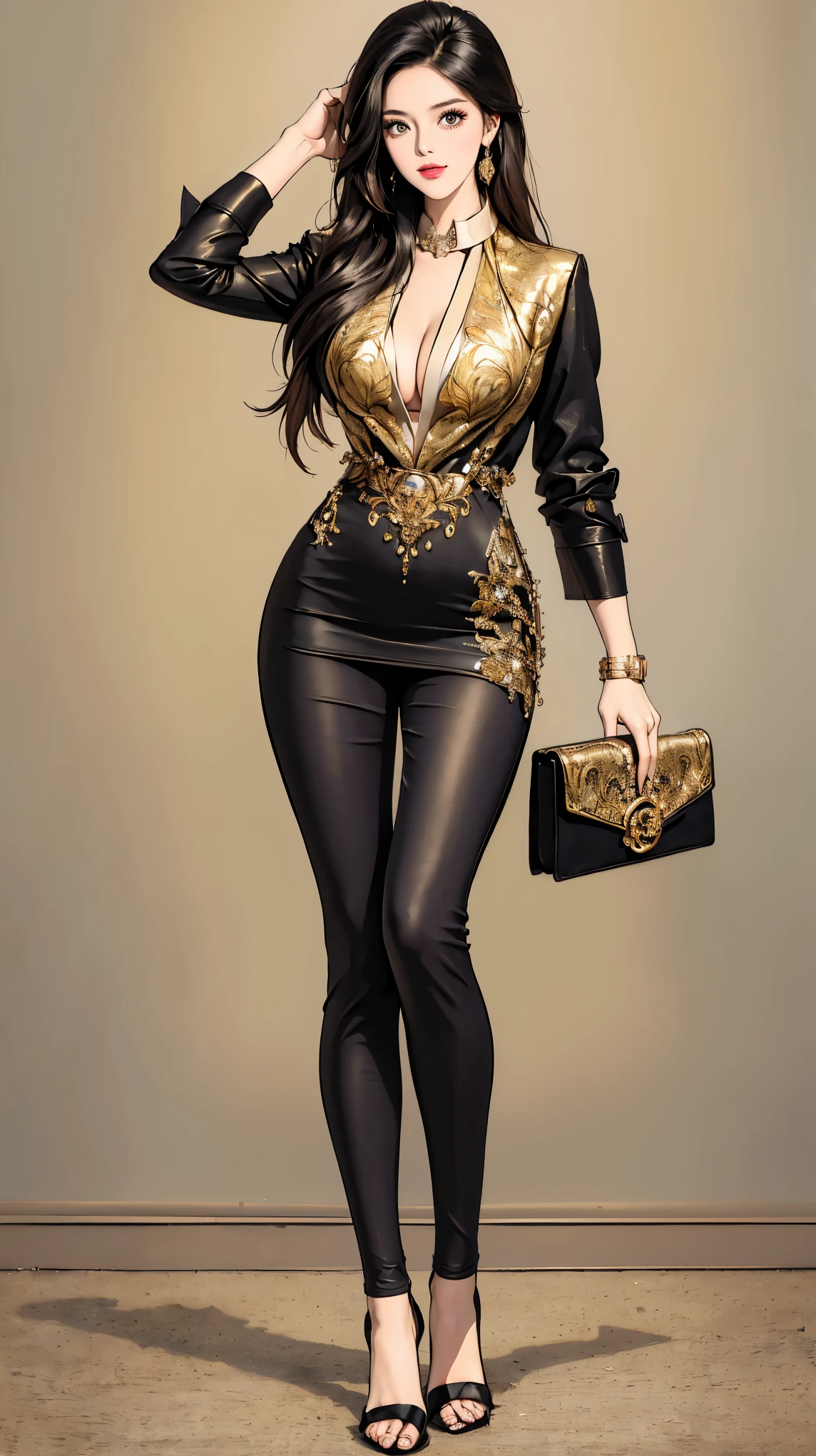 ((best quality,4k,highres,masterpiece:1.2)),((character concept art)), 1 female, age 25, Chinese Hong Kong, Hong Kong Elite, eldest sister, triad female leader, Known for her impeccable fashion sense and elegant demeanor, she is a true embodiment of the Versace brand. Her body language is as captivating as her style, always exuding confidence and high fashion. (((She's wearing an exquisite Versace Barocco-print Shirt in Silk and Barocco-print leggings gold-tone/white/black, a true testament to the brand's luxurious aesthetic.))) Paired with Versace Medusa Tribute Sandals, she carries her ensemble with an air of effortless sophistication. Her accessories include a Versace Medusa Tribute Bag and a pair of Versace Tribute Sunglasses, enhancing her overall look. ((intricate detail)), super finely detailed hands, ultra finely detailed fingers(((ten fingers))), (standing still with confidently), (full body showcase), (show full body), (no logos on background), (no logo), ((plain background)), ((plain background)), (((empty background))).
