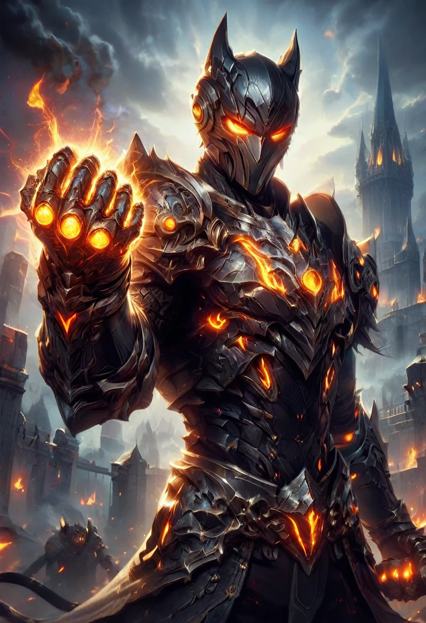 cat knight with glowing eyes, fist gauntlets, (anthropomorphic cat), angry, dynamic pose, Movie Still, cover art, vertical symmetry, (masterpiece, best quality, perfect composition, very aesthetic, absurdres, ultra-detailed, intricate details, Professional, official art, Representative work:1.3)