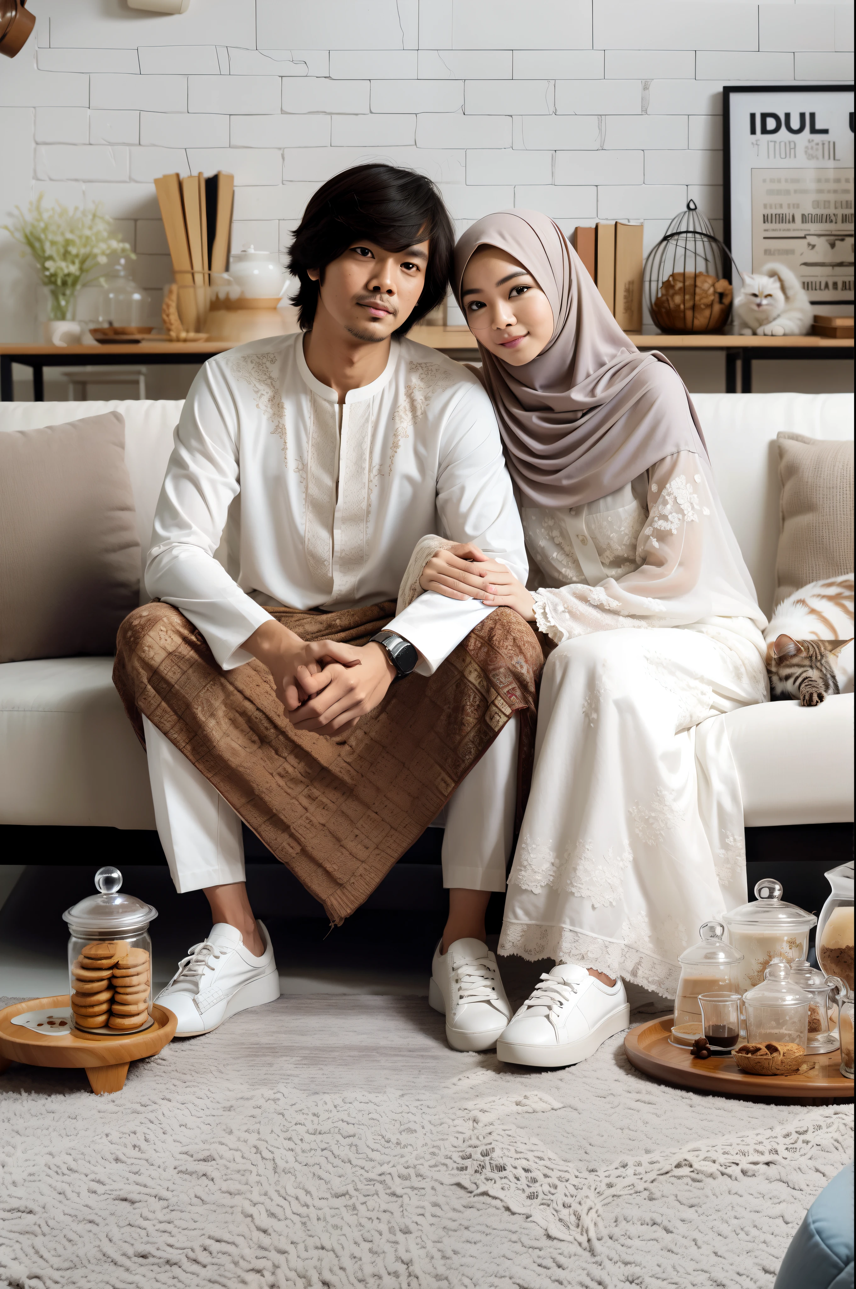 they are sitting on a couch with a cat on the coffee table, lovely couple, couple, casual modern clothing, milk and mocha style, wearing white clothes, by Basuki Abdullah, traditional clothes, in white clothes, dau-al-set, dau - al - set, inspired by Basuki Abdullah, traditional clothing, inspired by Fathi Hassan, dressed thobe