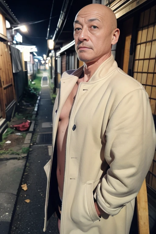 high quality,masterpiece,  1 person,cowboy shot.,field,In the back alley,dim,evening, Front view, (looking at the viewer,60歳male性、male,Bald,Japanese,coat over naked, sweat vapor,embarrassing,can ),muscular butt,Women&#39;s stories