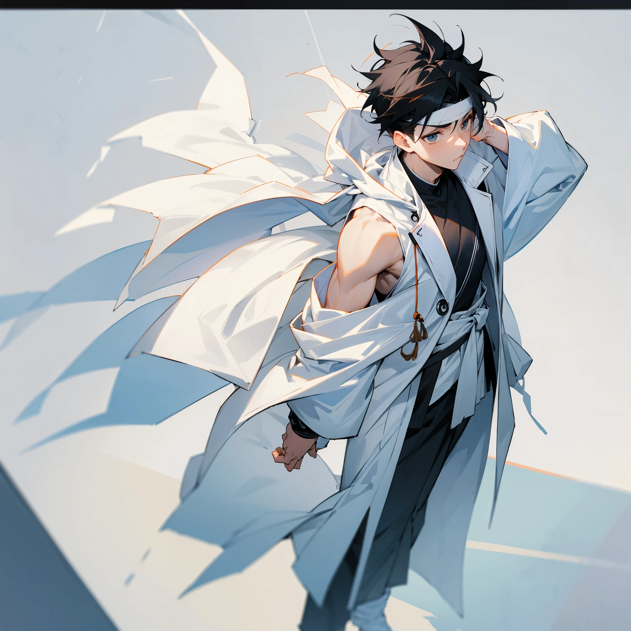 1male , Black Hair , Undercut Hair , Messy Hair , White Headband , Black Yukata , White Haori , White Overcoat , Sleeveless Coat , Standing on Path , Determined Expression