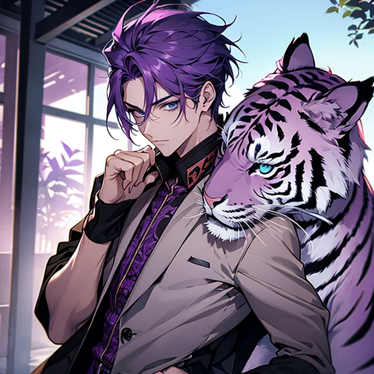 high, detailed purple hair, bright blue eyes, mythical legendary tiger in the background, very attractive guy