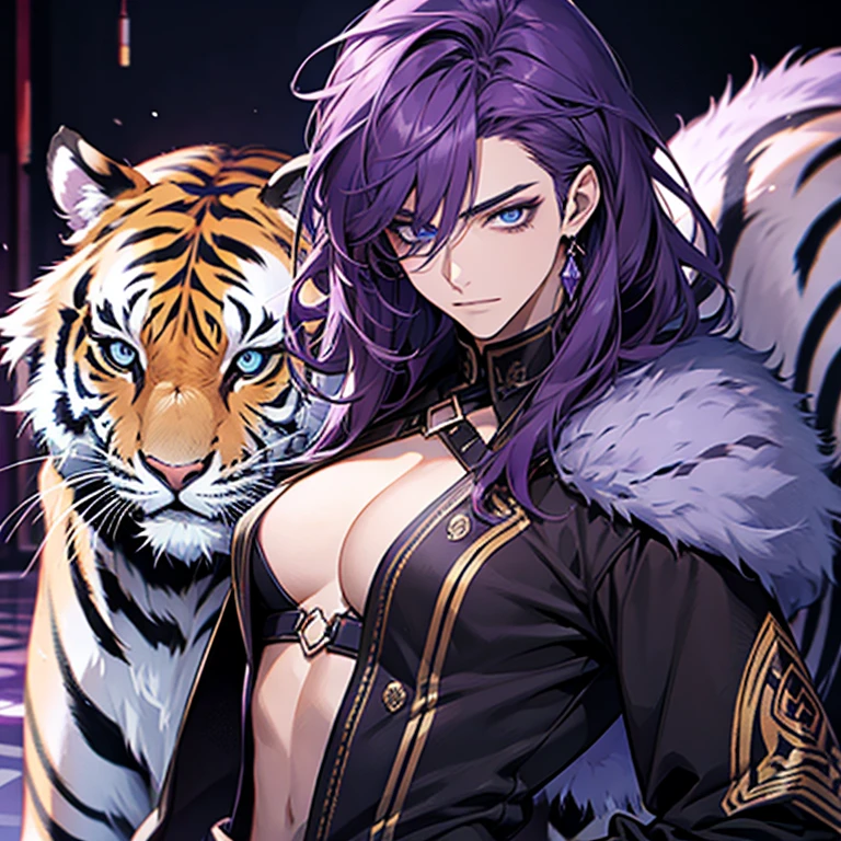high, detailed purple hair, bright blue eyes, mythical legendary tiger in the background, very attractive guy