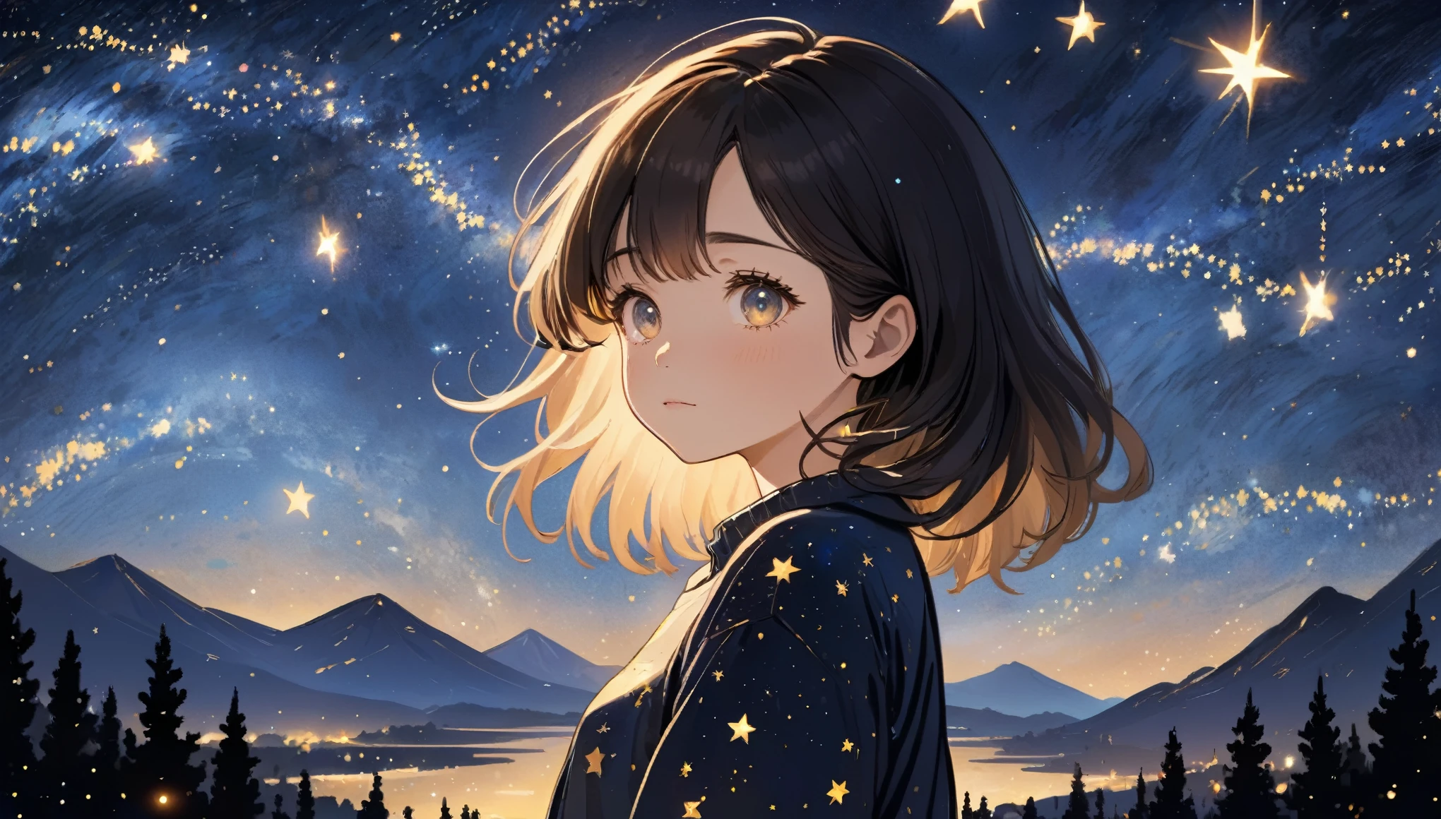 Anime Style 1 Girl, Design an image showcasing the allure of a starry night sky, with a myriad of twinkling stars, constellation, and the Milky Way.,masterpiece, highest quality,