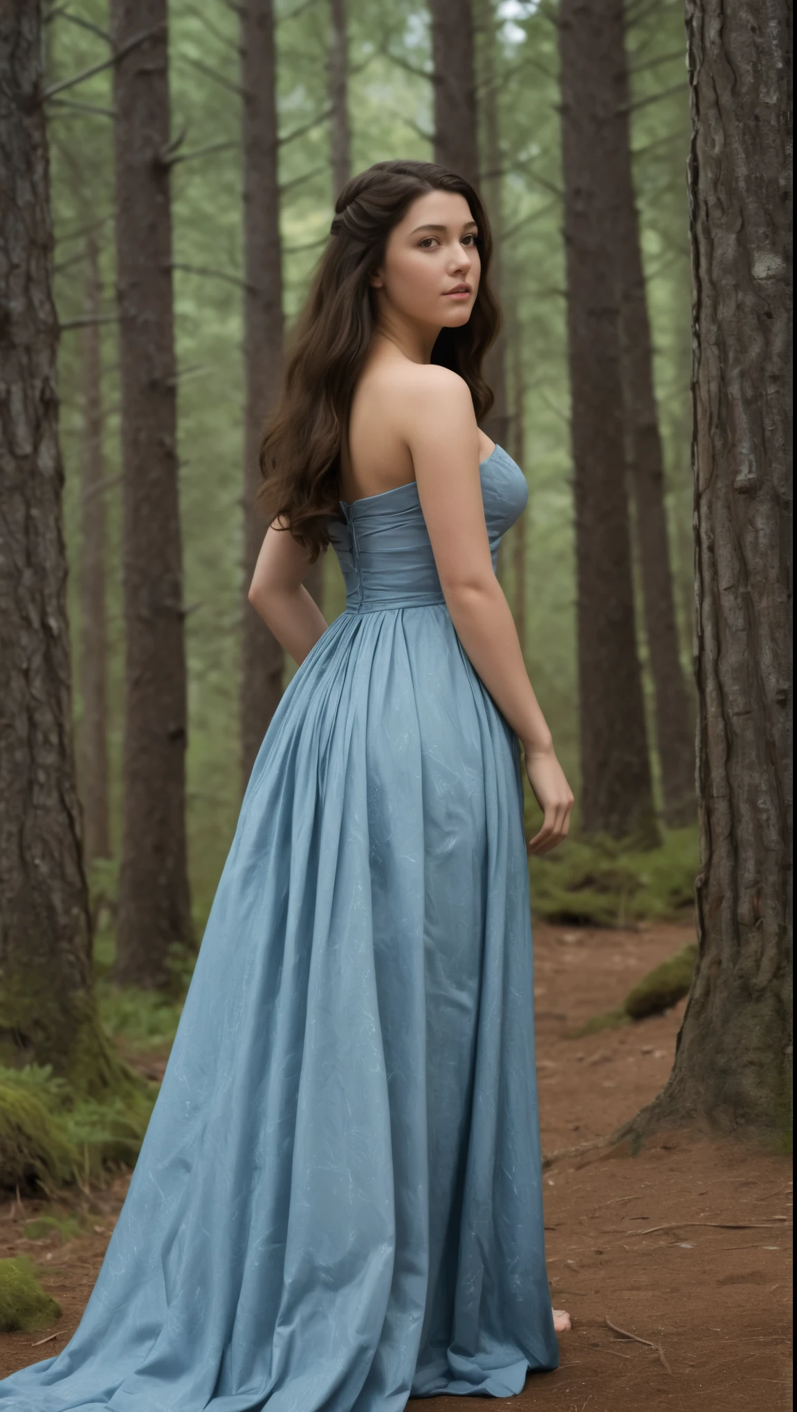An illustrated movie poster, hand-drawn, full color, a Westerosi teen girl, wearing a long regal dress, resembles Mary Elizabeth Winstead, sun-tanned complexion, tall, athletic, Amazonian figure, curvy, toned midriff, bottom-heavy, generous hips, massive bubble-butt, ridiculously thick powerful thighs, dark hair, long hair, waist-length hair, posing in a pine forest, hard shadows, graphite shading, stencil marks, airbrushed acrylic paint, masterpiece, in the style of Game of Thrones