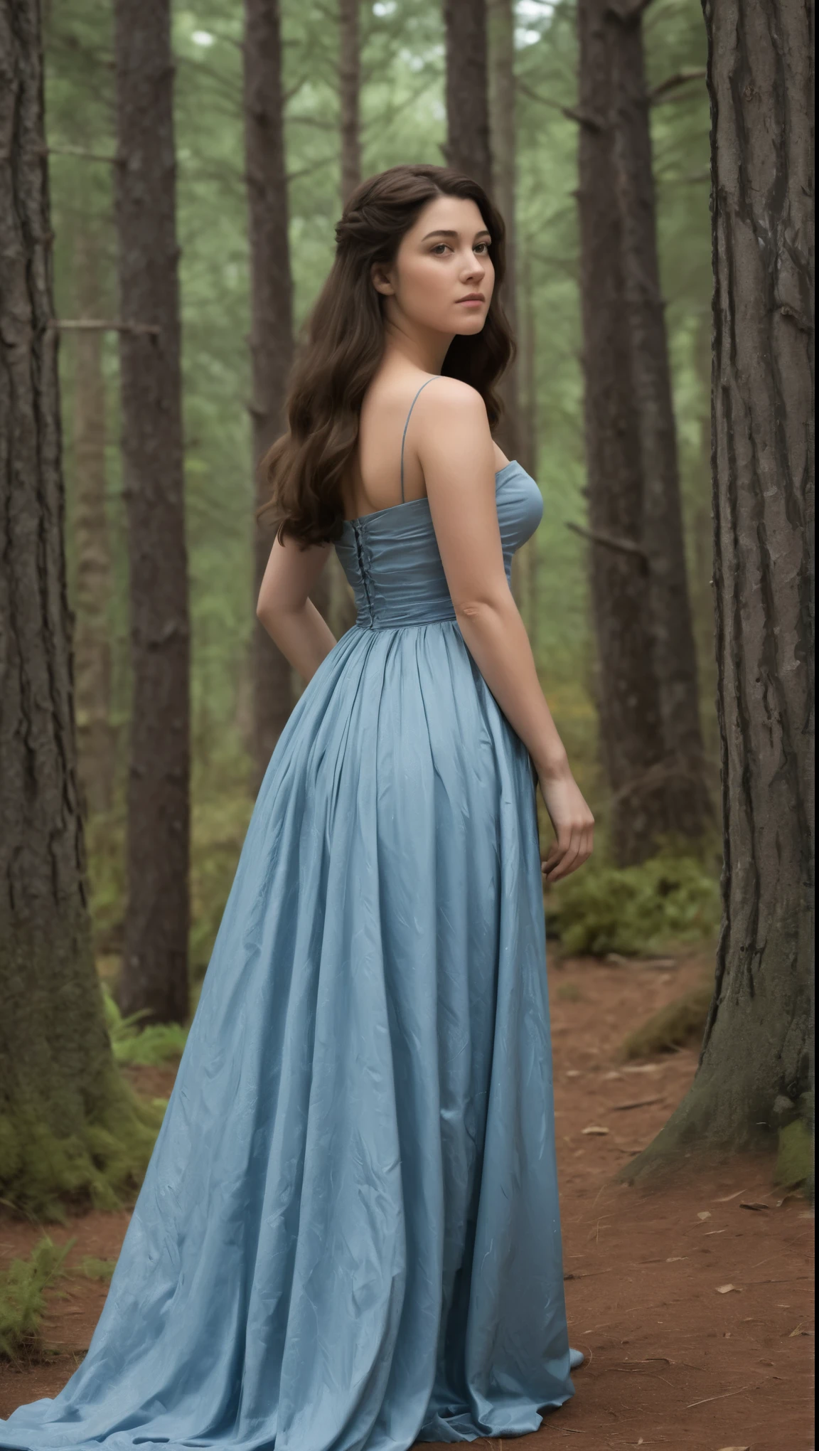 An illustrated movie poster, hand-drawn, full color, a Westerosi teen girl, wearing a long regal dress, resembles Mary Elizabeth Winstead, sun-tanned complexion, tall, athletic, Amazonian figure, curvy, toned midriff, bottom-heavy, generous hips, massive bubble-butt, ridiculously thick powerful thighs, dark hair, long hair, waist-length hair, posing in a pine forest, hard shadows, graphite shading, stencil marks, airbrushed acrylic paint, masterpiece, in the style of Game of Thrones 