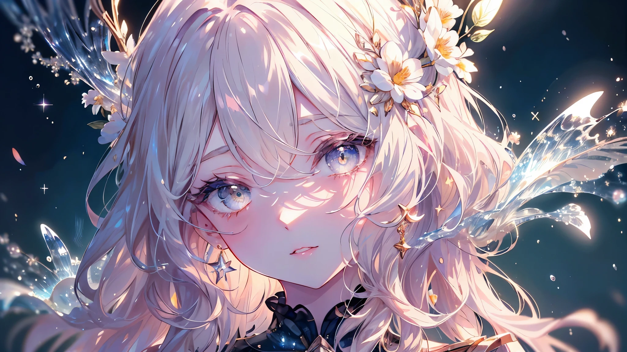(highest quality,8K,cg),Upper body details, girl,flower forest background,Complex facial features,elegant long curly hair,large almond shaped eyes,detailed eye makeup,long eyelashes,twinkling stars,exquisite lip detail,soft and harmonious style.
