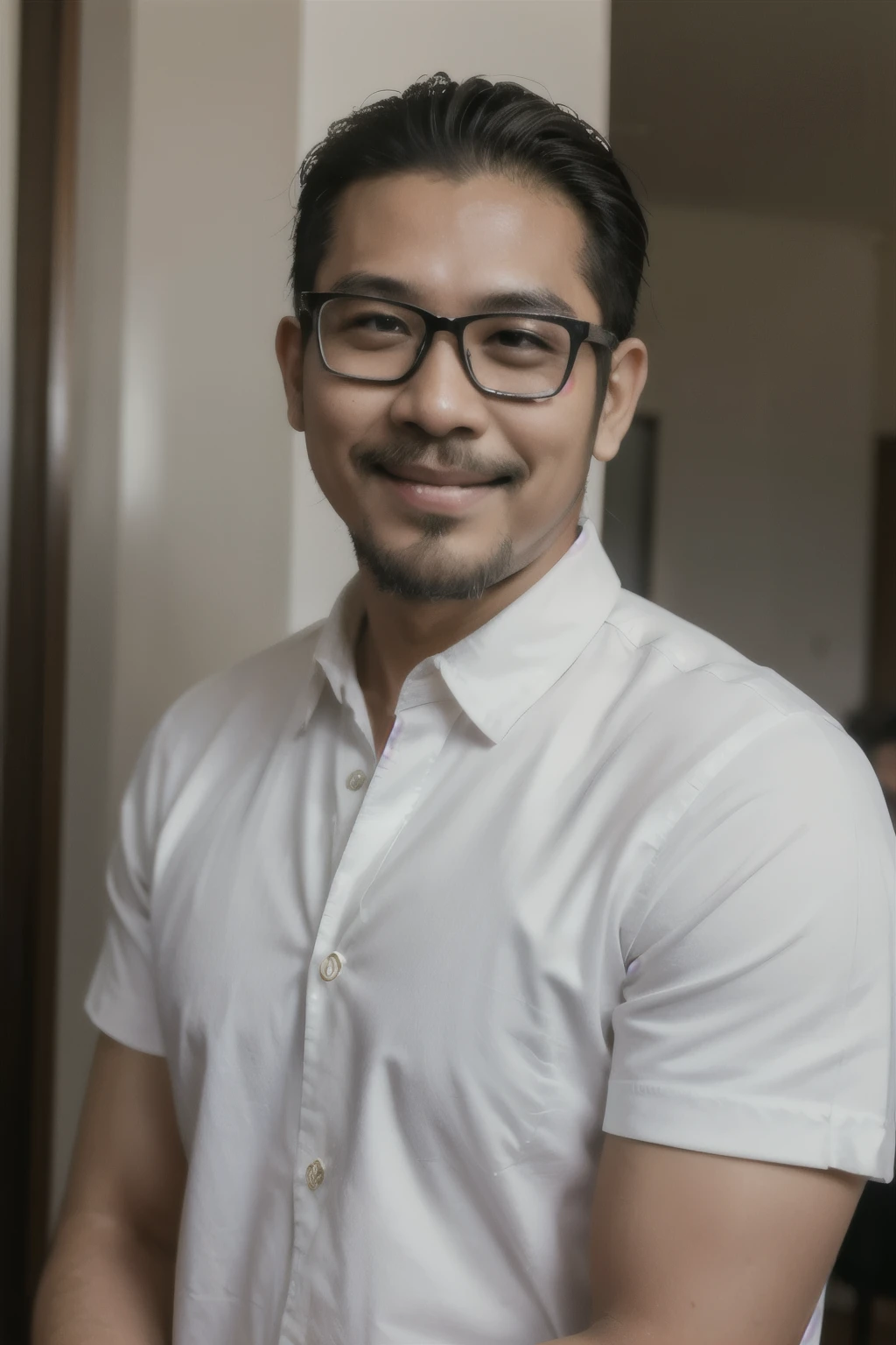 ((best quality)), ((masterpiece)), (detailed), perfect face,malay javanese guy,38 years, glasses, darkskin, average look, big nose, short stylish hair, smile face, chubby body, white shirt, light moustache and beard
