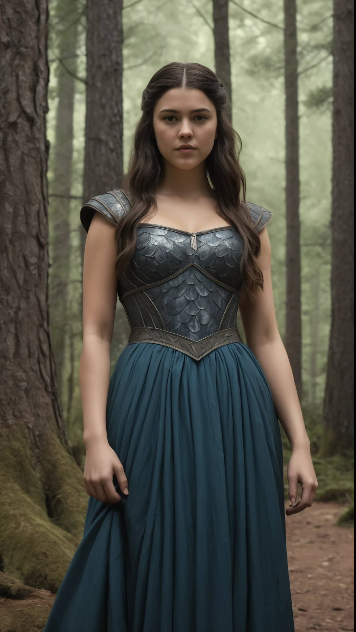 An illustrated movie poster, hand-drawn, full color, a Westerosi teen girl, wearing a long regal dress, resembles Mary Elizabeth Winstead, sun-tanned complexion, tall, athletic, Amazonian figure, curvy, toned midriff, bottom-heavy, generous hips, massive bubble-butt, ridiculously thick powerful thighs, dark hair, long hair, waist-length hair, posing in a pine forest, hard shadows, graphite shading, stencil marks, airbrushed acrylic paint, masterpiece, in the style of Skyrim
