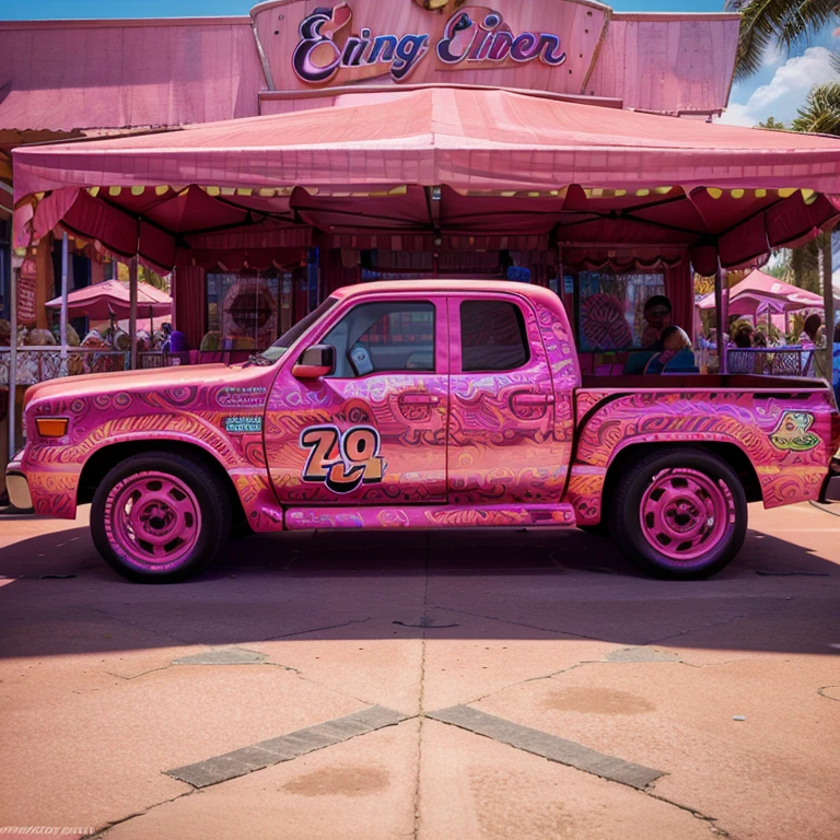 A vibrant pink truck adorned with wavy patterns reminiscent of traditional carnival costumes in Pixar Cars 