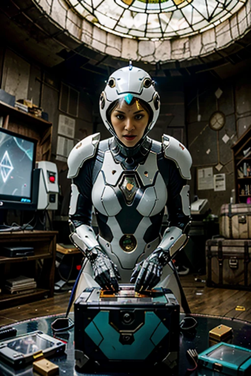 (best quality,4k,8k,highres,masterpiece:1.37), ultra-detailed, (realistic,photorealistic,photo-realistic:1.37), (aerial view), (top down perspective), 1woman, (the foreground is a woman pulling a video game cartridge out of a futuristic artifact box full of video game cartridges:1.6), (the woman is looking down:1.4), (Futuristic artifact box), (the artifact box is open), (The scene unfolds inside a mystical cavern:1.4), robot joints, mecha musume, (The woman is wearing a cyber suit made with glass details, covering her entire body:1.5), gatchaman, (She has a helmet glass visor:1.4), (dynamic angle:1.37), headgear, mechanical parts, (The woman's headgear is made of fractal mechanical parts:1.4), (fantasy and sci-fi mixed:1.37), holographic glitch effects floats around the woman, vibrant colors, (A blue glow emanates from inside the treasure chest), glowing lights, (abandoned machinery), (there are video game cartridges and consoles on the background), mystical creatures, (there are crystal formations spreading on the background), (futuristic technology), (ancient artifacts), mystical energy, vibrant retro aesthetic, atmospheric lighting, ancient ruins, mysterious symbols, lush vegetation, nostalgic atmosphere, epic adventure, delightful surprises