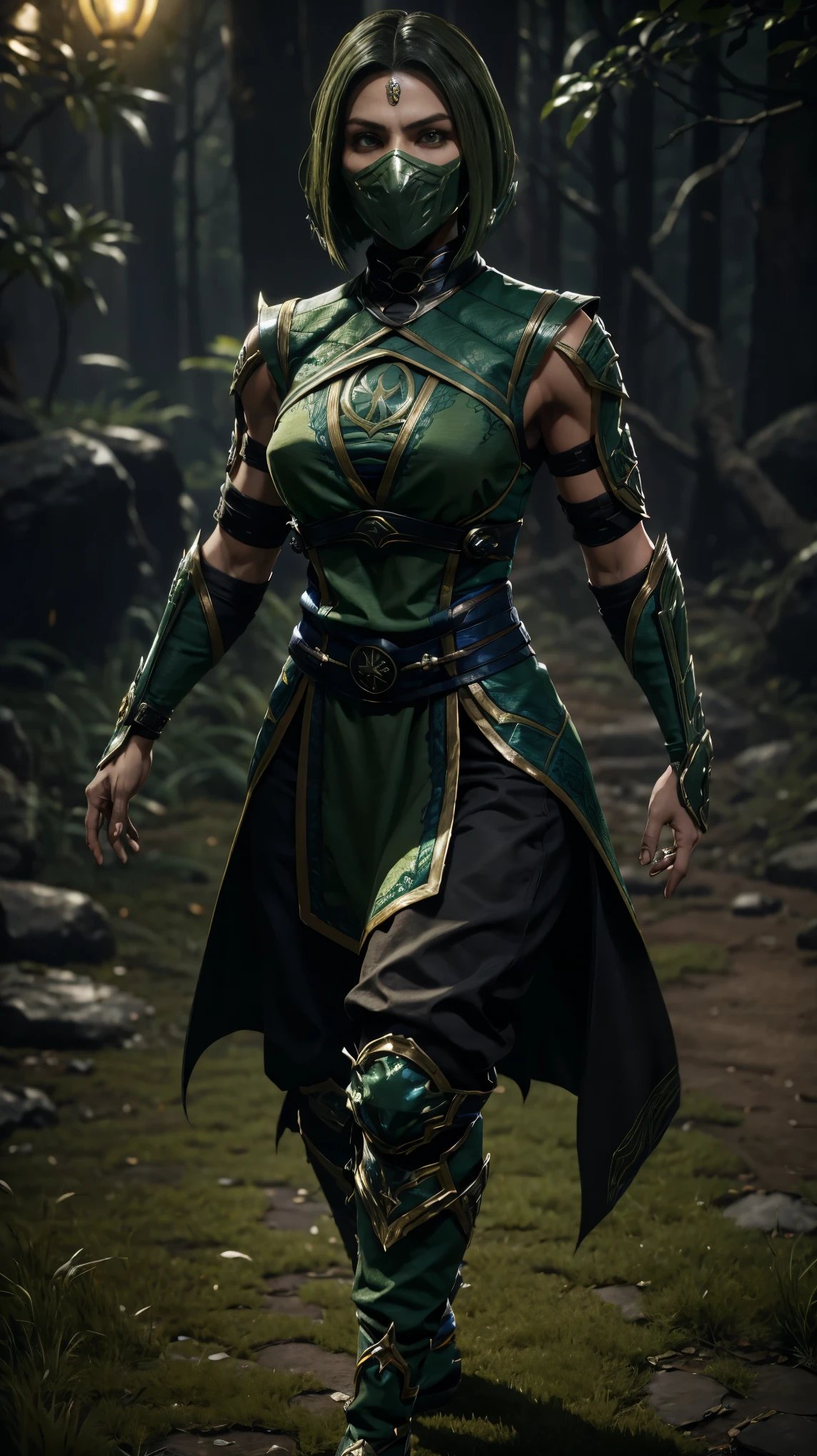 Uma mulher longos cabelos pretos usando uma roupa ninja branca e verde com detalhes dourados no estilo mortal kombat 11