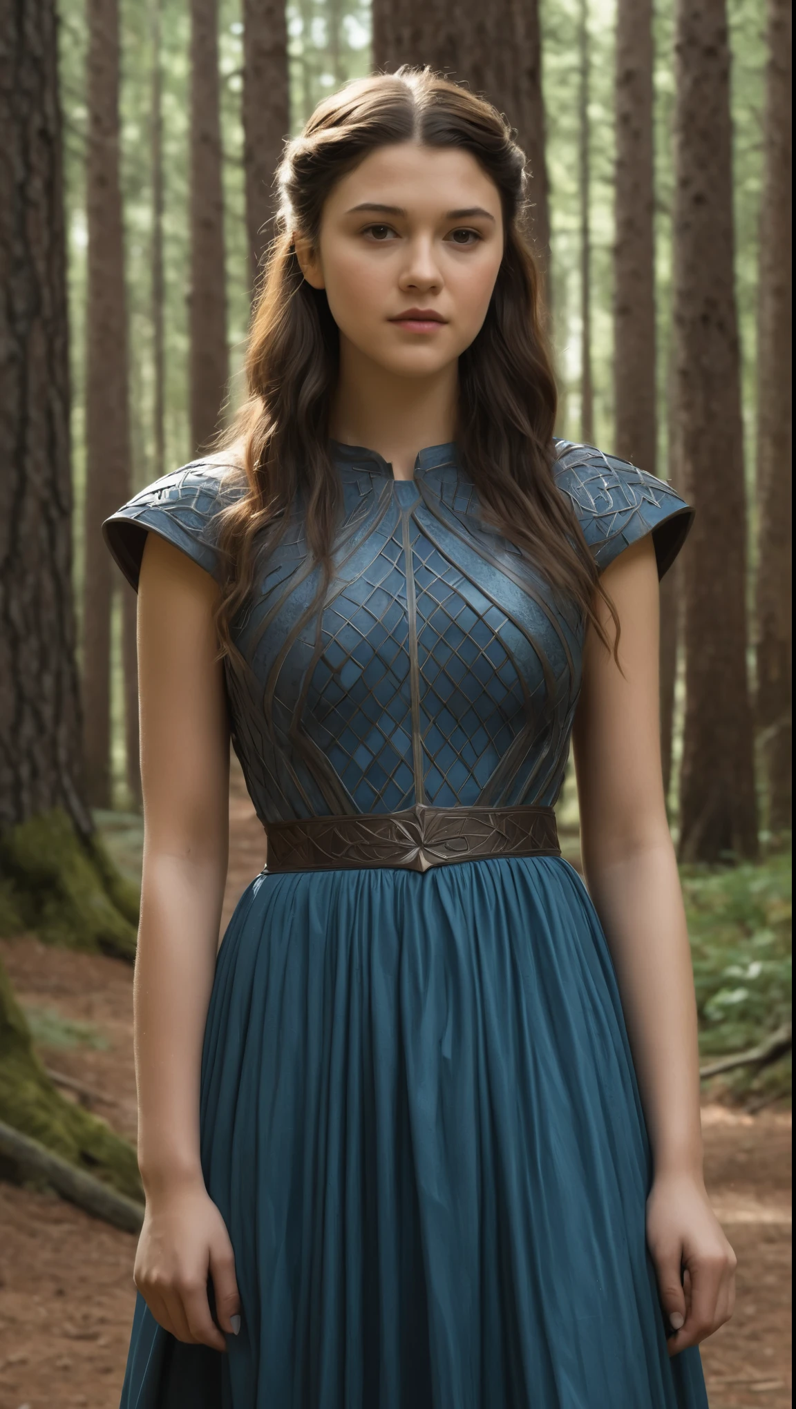 An illustrated movie poster, hand-drawn, full color, a Westerosi teen girl, wearing a long regal dress, resembles Mary Elizabeth Winstead, sun-tanned complexion, tall, athletic, Amazonian figure, curvy, toned midriff, bottom-heavy, generous hips, massive bubble-butt, ridiculously thick powerful thighs, dark hair, long hair, waist-length hair, posing in a pine forest, hard shadows, graphite shading, stencil marks, airbrushed acrylic paint, masterpiece, in the style of Game of Thrones
