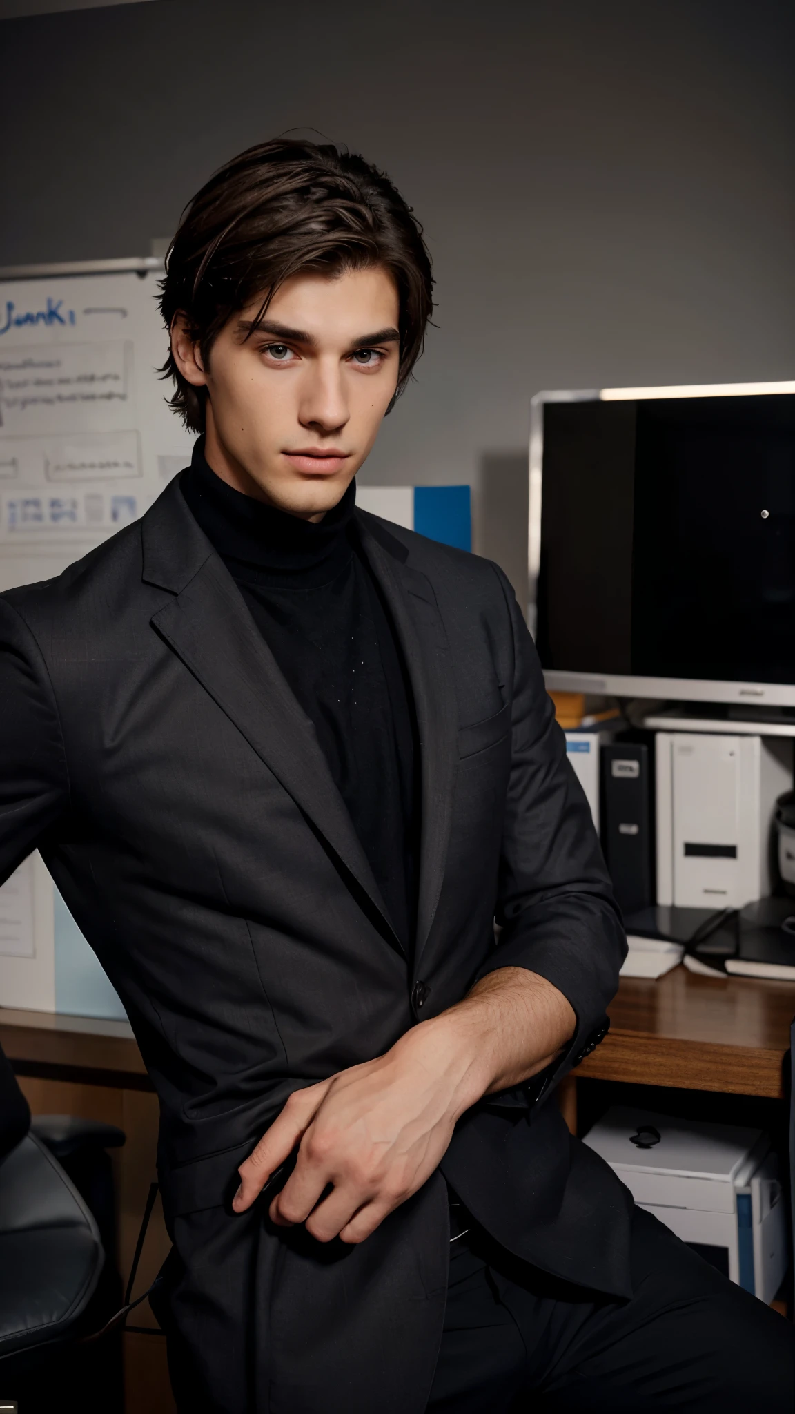 Joni Russo is 23 years old, He is tall and thin with muscles,He has blue-gray eyes, brown hair that is a little short and falls on his forehead a little messy , dark skin and is dressed in black suits and Joni is in an office