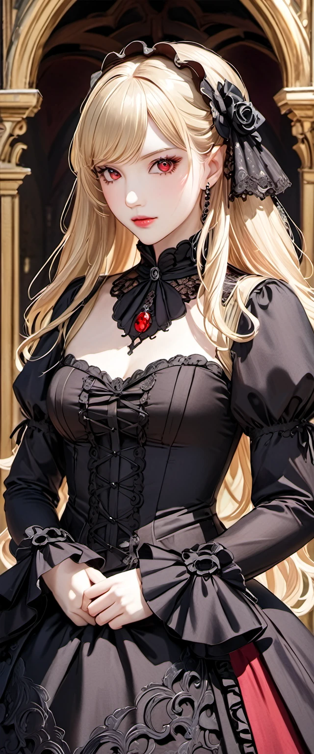 woman wearing dress and boots , baroque dress, wearing a detailed steampunk dress, elegant gothic princess, victorian gothic lolita fashion, historical baroque dress dark, black gothic lolita dress, fantasy style clothing, rococo dress, black rococo,  fantasy costume, wearing a gothic dress, romantic dress, gothic dress,blonde,,(((upper body portrait)))red eyes