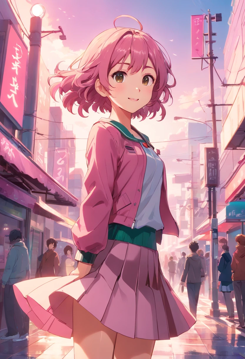 ((On a platform of shiny shards of brownish-pink paint)) is a slim girl ((smilling)) ((full body))wearing pink long, block heel close point tip with long straps attached to her tall, slim, slender,curvy legs.She also wears a. ((( pleated ))) mini lace skirt with ((holes)) her. Crop leather jacket has pink zebra stripes down the side of the sleeves, Her green curly hair shoots up. Vertical and flutters in the winds. CircLing around her ((cute face, high lights in hair, Pink eyes, ((best graphic)) artgem, (((Square Enix Images))) Wlop, 3D animation,Cinematic Still, vignette, color graded, post-processed, cinematic lighting, 35mm film, live-action, best quality atmospheric, a masterpiece, epic, stunning, dramatic