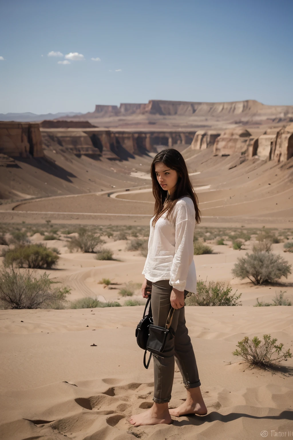 Deep within the otherworldly high desert of southern Utah, near Moab, 1woman with a slight smile in Victorian-era elegance, her flowing skirt dusted with red rock particles, explores the surreal landscape of Arches National Park. The arches and spires of red sandstone formations rise like ancient sentinels against the azure sky. The dry desert breeze ruffles her attire, adding a sense of movement to the scene as the sun casts long shadows across the arid terrain.
