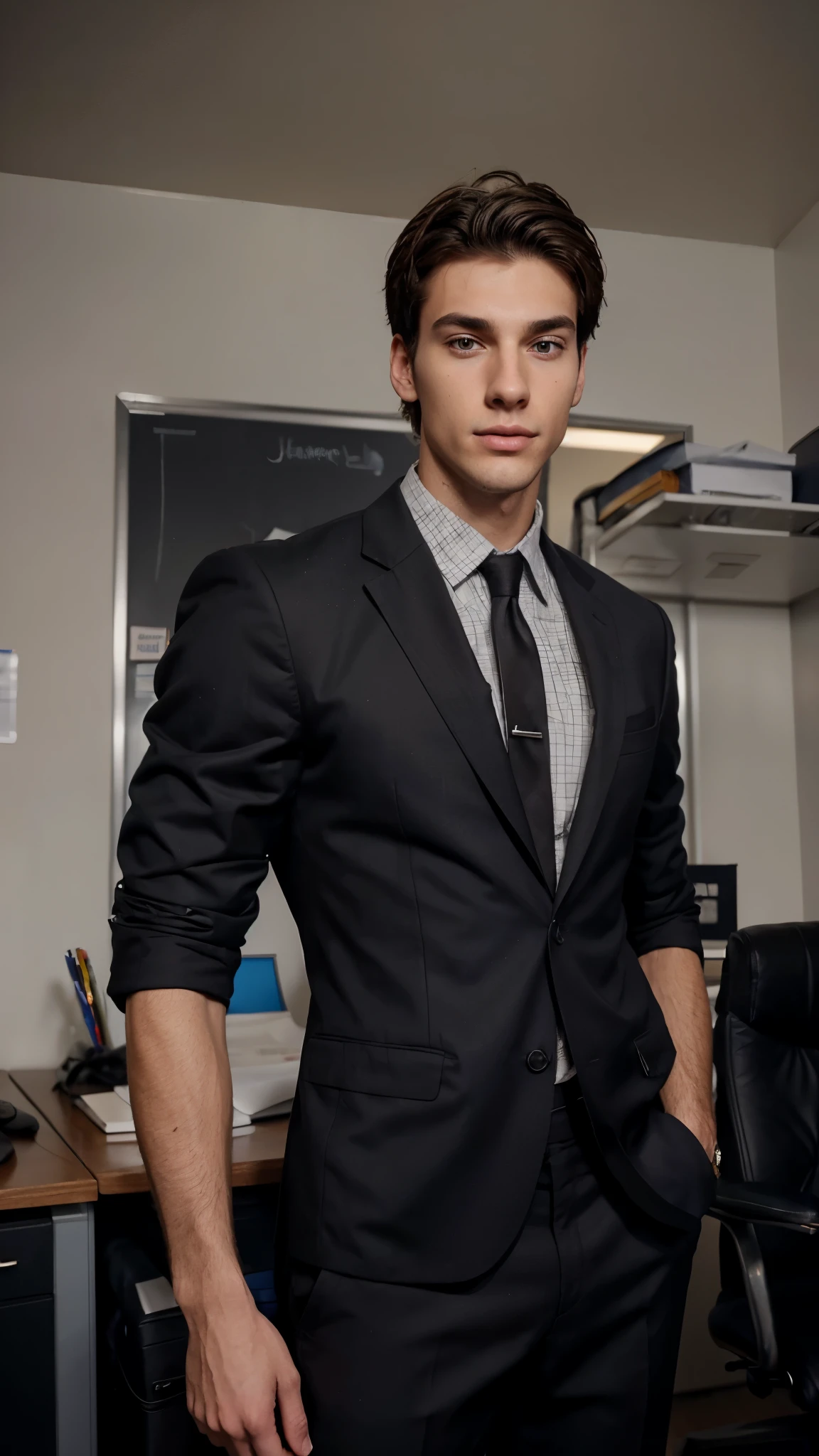 Joni Russo is 23 years old, He is tall and thin with muscles,He has blue-gray eyes, brown hair that is a little short and falls on his forehead a little messy , dark skin and is dressed in black suits and Joni is in an office  