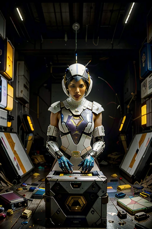 (best quality,4k,8k,highres,masterpiece:1.37), ultra-detailed, (realistic,photorealistic,photo-realistic:1.37), (aerial view), (top down perspective), 1woman, (the foreground is a woman pulling a video game cartridge out of a futuristic artifact box full of video game cartridges:1.6), (the woman is looking down:1.4), (Futuristic artifact box), (the artifact box is open), (The scene unfolds inside a mystical cavern:1.4), robot joints, mecha musume, (The woman is wearing a cyber suit made with glass details, covering her entire body:1.5), gatchaman, (She has a helmet glass visor:1.4), (dynamic angle:1.37), headgear, mechanical parts, (The woman's headgear is made of fractal mechanical parts:1.4), (fantasy and sci-fi mixed:1.37), holographic glitch effects floats around the woman, vibrant colors, (A blue glow emanates from inside the treasure chest), glowing lights, (abandoned machinery), (there are video game cartridges and consoles on the background), mystical creatures, (there are crystal formations spreading on the background), (futuristic technology), (ancient artifacts), mystical energy, vibrant retro aesthetic, atmospheric lighting, ancient ruins, mysterious symbols, lush vegetation, nostalgic atmosphere, epic adventure, delightful surprises