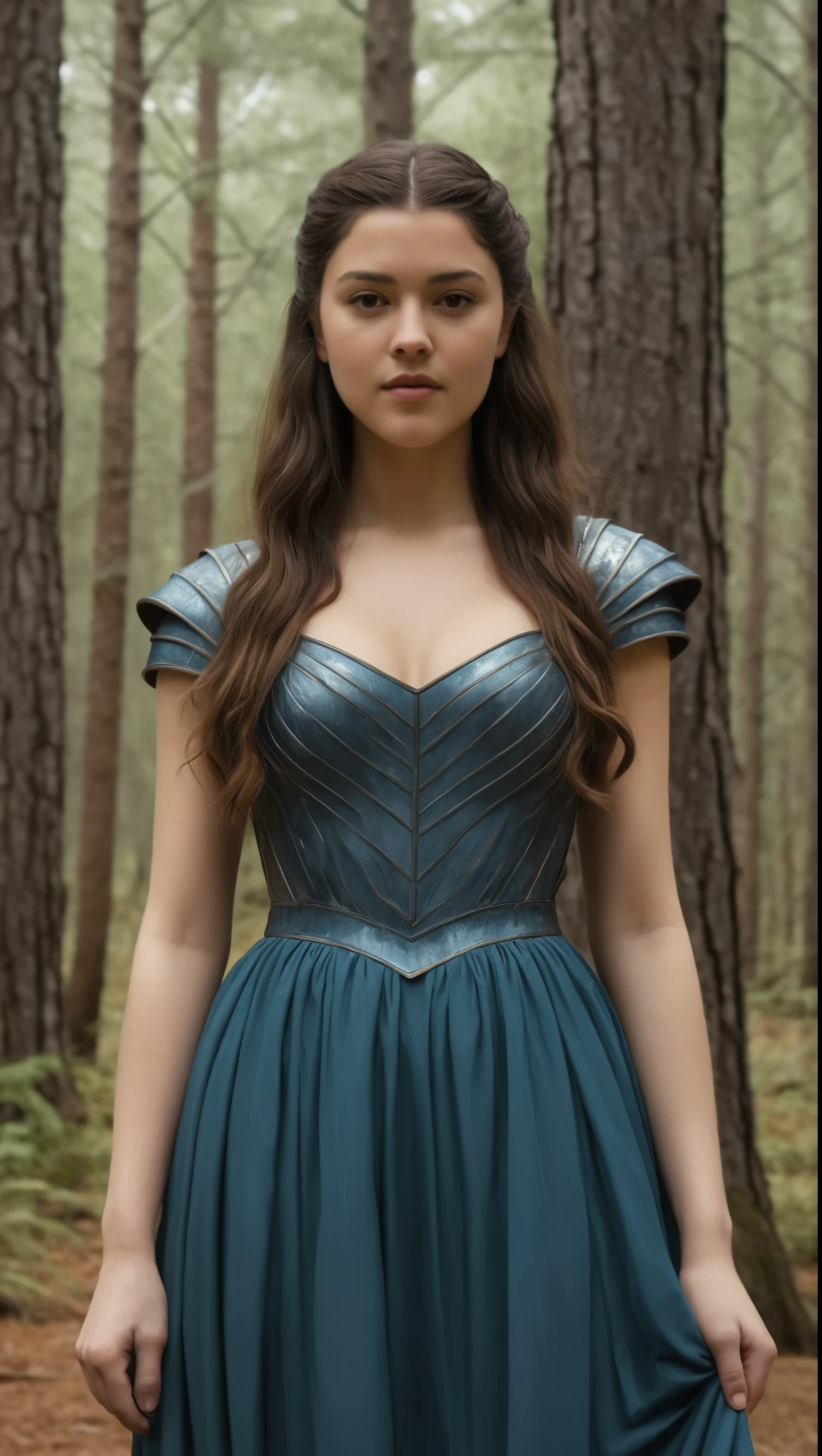 An illustrated movie poster, hand-drawn, full color, a Westerosi teen girl, wearing a long regal dress, resembles Mary Elizabeth Winstead, sun-tanned complexion, tall, athletic, Amazonian figure, curvy, toned midriff, bottom-heavy, generous hips, massive bubble-butt, ridiculously thick powerful thighs, dark hair, long hair, waist-length hair, posing in a pine forest, hard shadows, graphite shading, stencil marks, airbrushed acrylic paint, masterpiece, in the style of Game of Thrones 