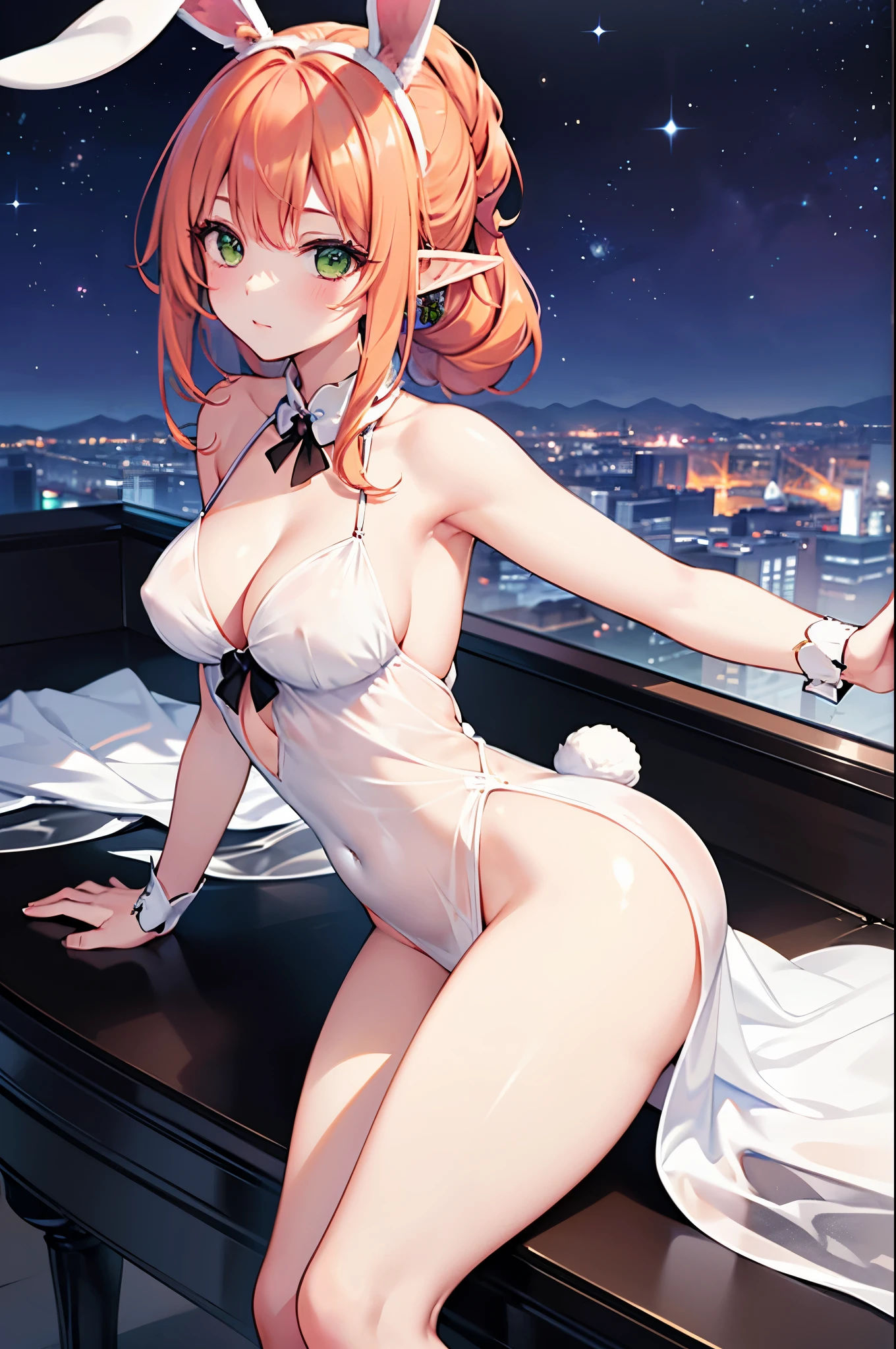 Realistic image, detailed image, coherent image. 1 beautiful elf. dressed in a transparent nightgown. She has long, curly orange hair, styled in a ponytail. Green eyes with long eyelashes. Sensual expression. She has rabbit ears and tail. She has a curvy body, medium breasts, thick thighs. She is sitting cross-legged. She is in a penthouse on a starry night. View from above. Arching her back. Soft focus, Dramatic shadows, Volumetric lighting, natural lighting. ISO:100, F1.4, --equals 2