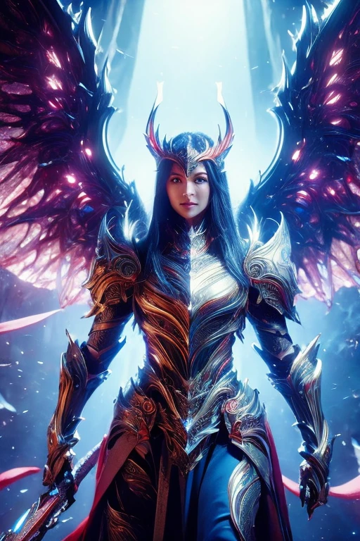 Image of a beautiful and gorgeous female angel standing in front of ancient ruins, shining face,Trending with ArtStation, Metallic blue armor, full armor、anubis god, Beautiful and gorgeous wings, CG Model,art germ, knight, awesome wallpaper, Blue Armor, full armor、Ophanim has bird wings, Guardian of the Sacred Lake, A still from Loki ( 2 0 2 1 ), Big winged, Blue ethereal tentacles with large wings