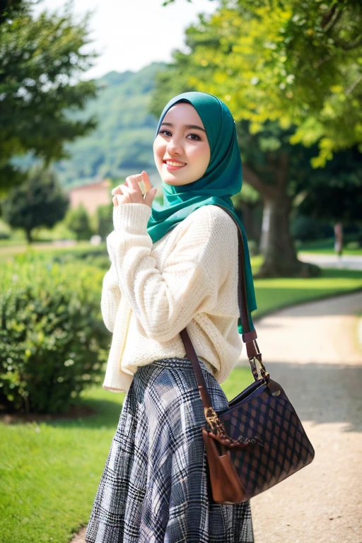 (*K) HD, highest quality, Masterpiece, High resolution, Charming picture of a beautiful woman, Donghua, who is declared a "pin-up killer" with super beautiful face, super beautiful shining eyes, Photography. Natural, relaxed, cheerful, enthusiastic. Beautiful Muslim girl from Indonesia celebrating her success, super detailed UHD. The girl was wearing branded clothes, hair covered by a modern hijab, sweater, long plaid skirt, white shoes, while carrying a bag. In the background you can see a dense green forest with several large trees and stunning natural views. His cheerful facial expression conveys pleasure at his success. Super detailed UHD.