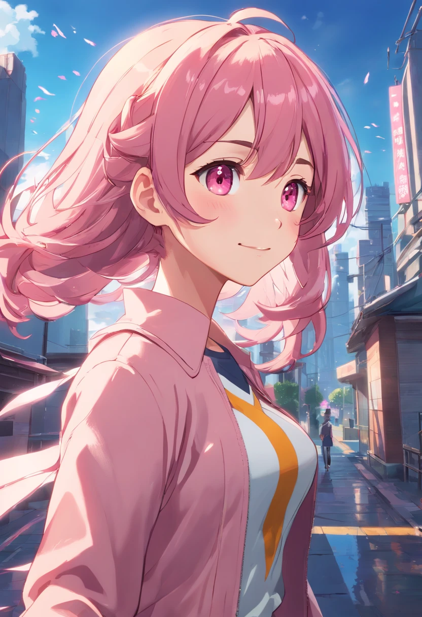 ((On a platform of shiny shards of brownish-pink paint)) is a slim girl ((smilling)) ((full body))wearing pink long, block heel close point tip with long straps attached to her tall, slim, slender,curvy legs.She also wears a. ((( pleated ))) mini lace skirt with ((holes)) her. Crop leather jacket has pink zebra stripes down the side of the sleeves, Her green curly hair shoots up. Vertical and flutters in the winds. CircLing around her ((cute face, high lights in hair, Pink eyes, ((best graphic)) artgem, (((Square Enix Images))) Wlop, 3D animation,Cinematic Still, vignette, color graded, post-processed, cinematic lighting, 35mm film, live-action, best quality atmospheric, a masterpiece, epic, stunning, dramatic