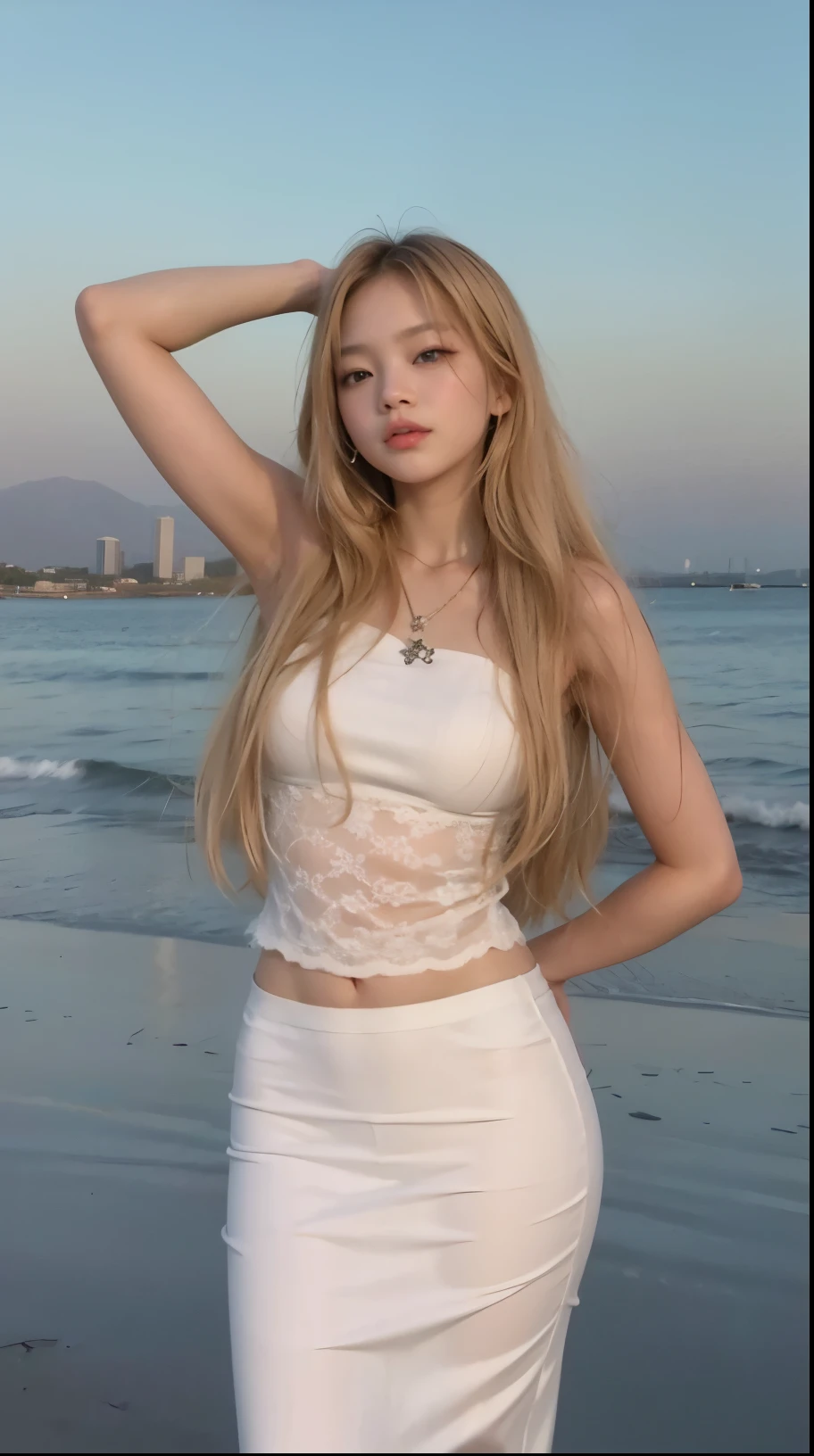 ((nsfw)), (((Rosé Blackpink face))), best quality, masterpiece, blonde hair, blue eyes, looking to viewer, hairline, ((porcelain white skin, natural white skin, realistic white skin, wet skin )), side braids, 8k, hot, sexy, big, ((180cm)), curved body, ((unbuttoned white shirt)), full bodyesbian, thick thighs, perfect body, full viewing angle, perfect body, ((undress, without clothes, without underwear, remove clothes, nude sexy)), perfect lower hip, perfect high hip, perfect nipples, perfect pussy, perfect vagina, (((big mons pubis, high mons pubis))), (((pubic hair))), hug breasts, perfect nipples, perfect breasts, pose, beautiful sexy, S-shaped body, hips upturned, posing, posing, different perspectives, ((catwalk, beach))