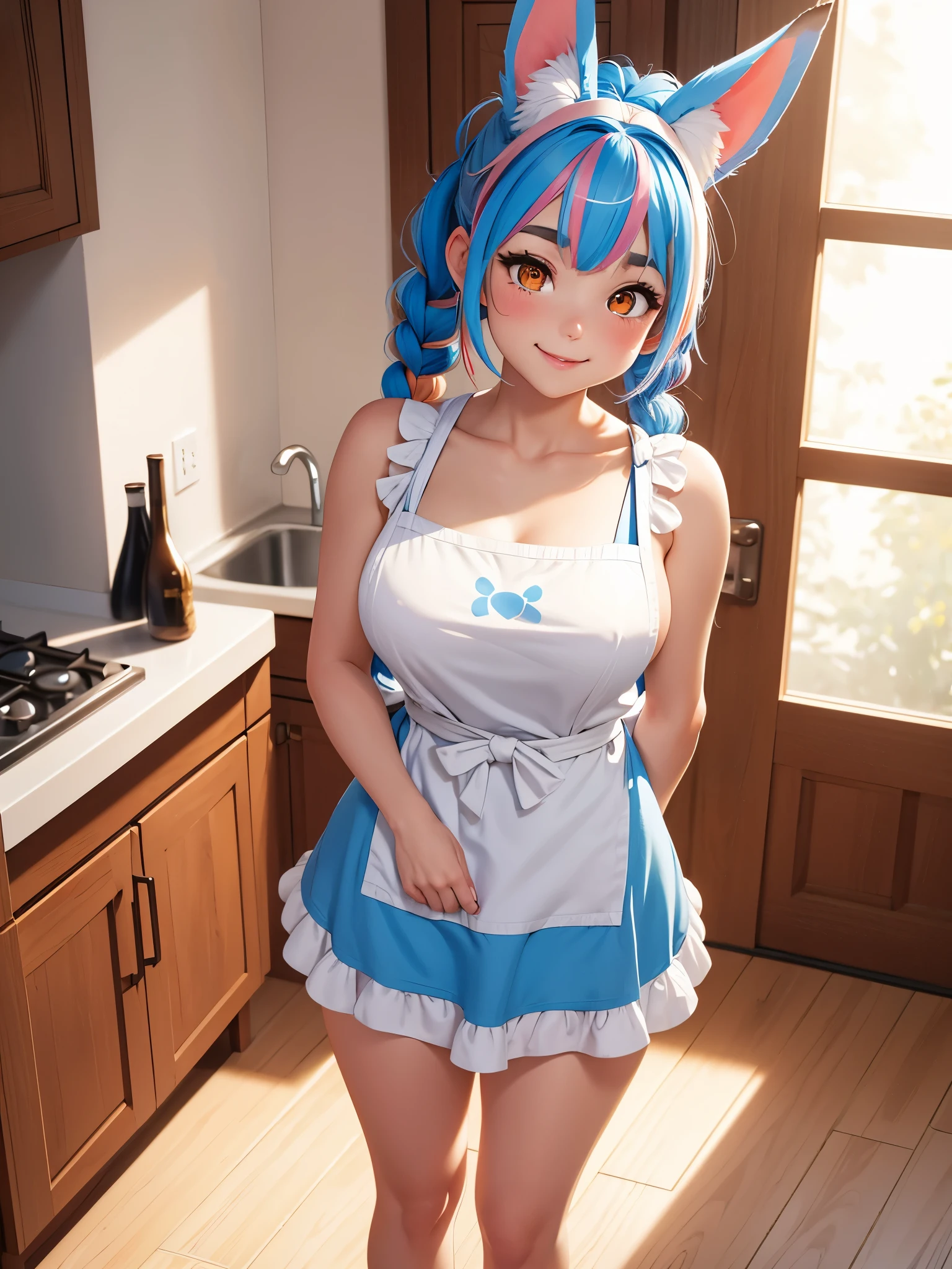 1girl,animal ear fluff,animal ears,apartment,apron,blue hair,blurry,blurry background,blush,bow,braid,braided ponytail,breasts,collarbone,feet out of frame,hair bow,hair over shoulder,half-closed eyes,huge breasts,long hair,looking at viewer,mature female,multicolored hair,naked apron,open door,open mouth,orange eyes,rabbit ears,rabbit girl,shade,short eyebrows,smile,solo,standing,streaked hai,sunlight,thick eyebrows,two-tone hair,virtual youtuber,white apron,white bow,white hair,wooden floor