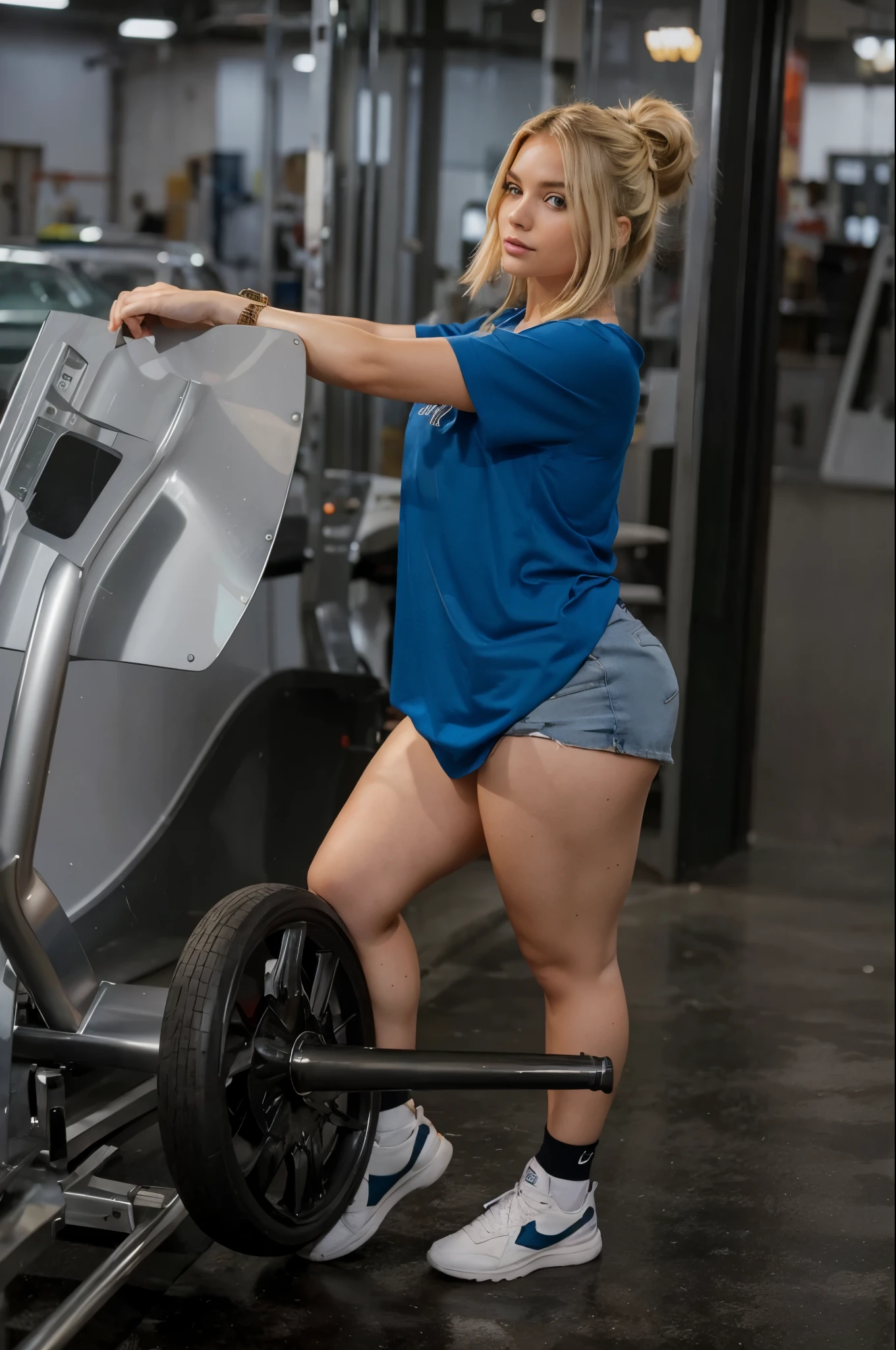 Make blonde Amanda in this same pose wearing an identical outfit in an identical setting, cabelo loiro