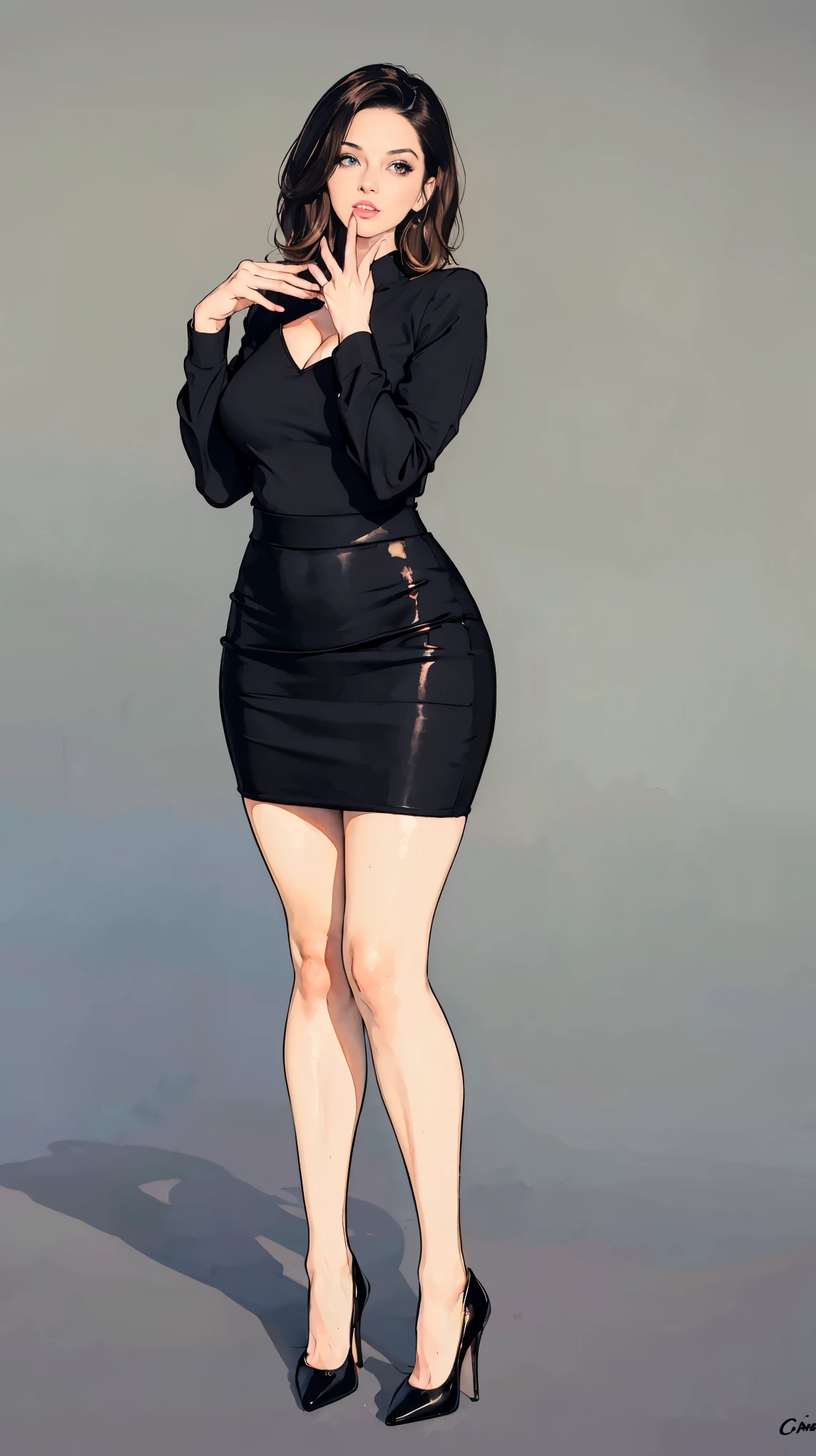 ((best quality,4k,highres,masterpiece:1.2)),((character concept art)), 1 female, 33-year-old university teacher, ((elegant, ethereal beauty, busty)), brunette hair, (fair skin colour), ultra finely detailed eyes (hazel eyes colour), hot, intelligent, educational enthusiast, slim body build, ((intricate detail)), super finely detailed hands, ultra finely detailed fingers(((ten fingers))), wearing outfit:((form-fitting blouse, very short pencil skirt, high heels, black stockings)), (standing professionally), (full body showcase), (show full body), (no logos on background), (no logo), ((plain background)), ((plain background)), (((empty background)))