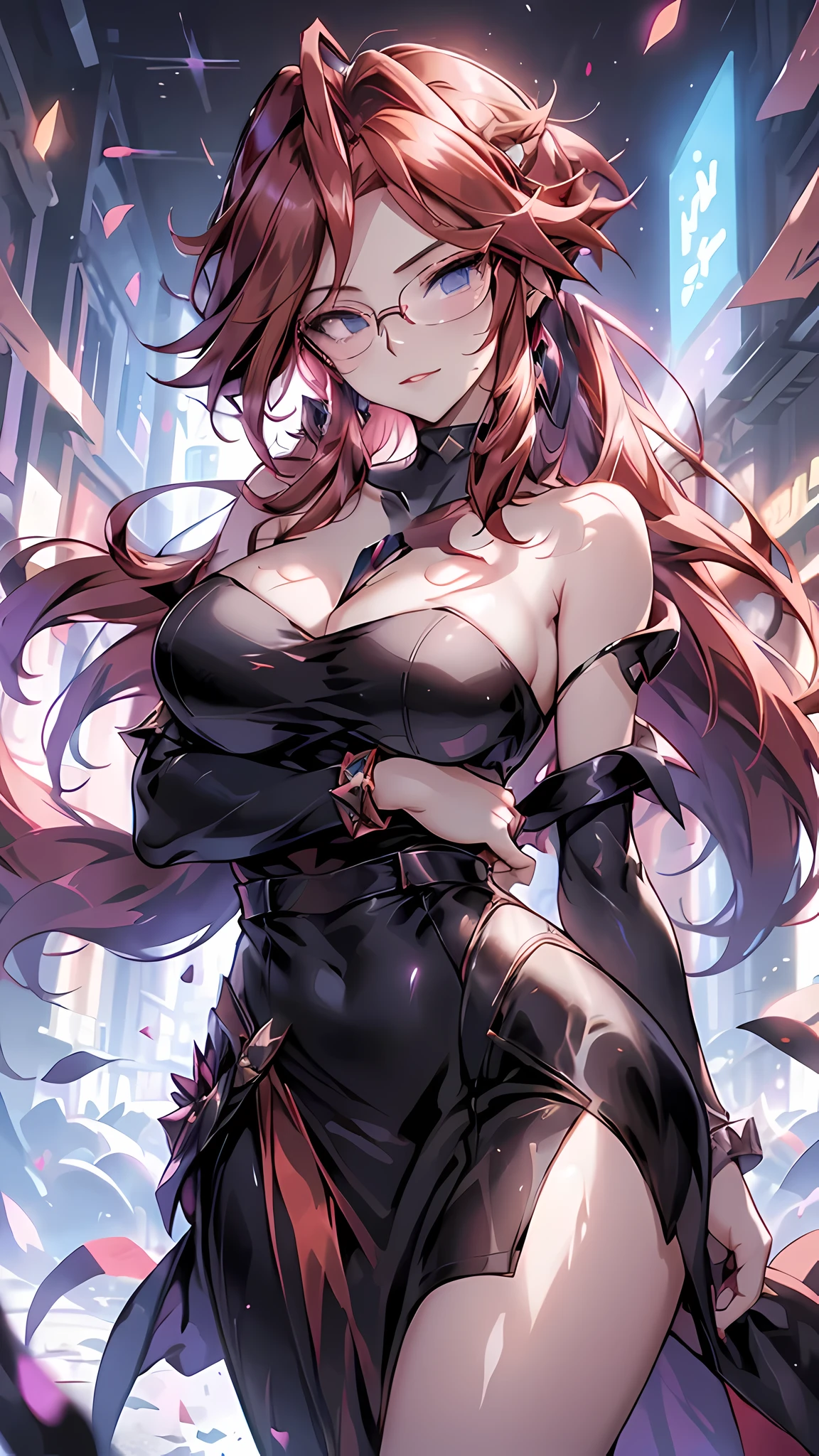 (masterpiece), best quality, expressive eyes, perfect face, red hair, swept bangs, glasses, collarbone, bracelet, high heels, ahoge, red hair, hair between eyes, cleavage, belt, purple skirt,(black strapless idol long dress:1.3),(bare shoulders),big breasts,cityscape,nightlights,dynamic angle,smiles,standing,head tilt,sexy pose,portrait close-up,(blue eyes:1.1)