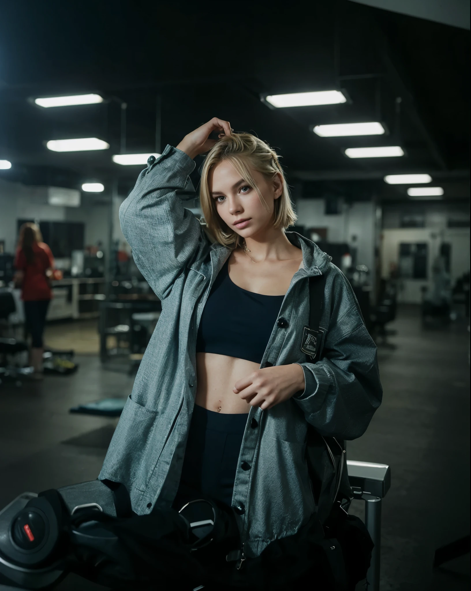Make blonde Amanda in this same pose wearing an identical outfit in an identical setting, cabelo loiro