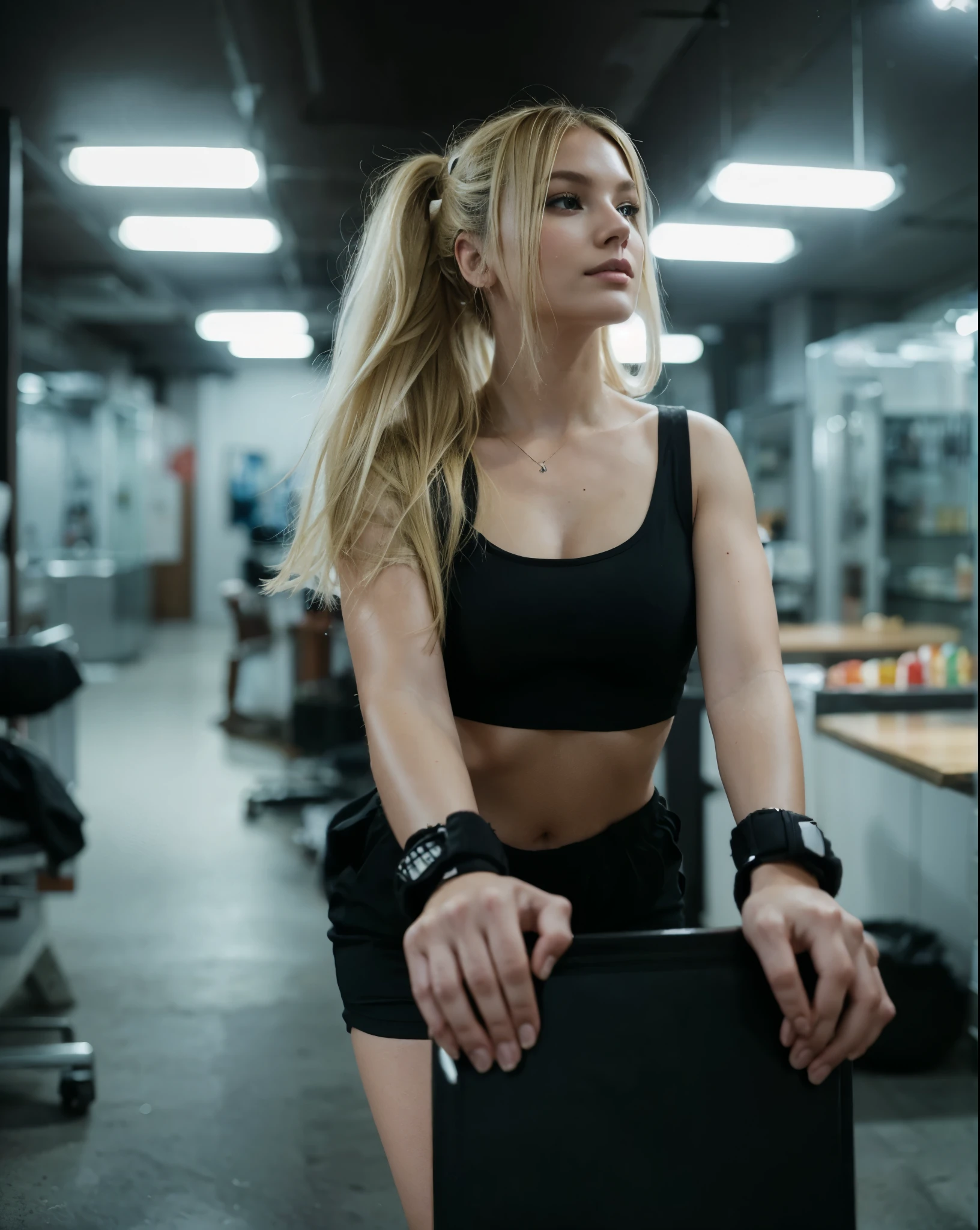 Make blonde Amanda in this same pose wearing an identical outfit in an identical setting, cabelo loiro