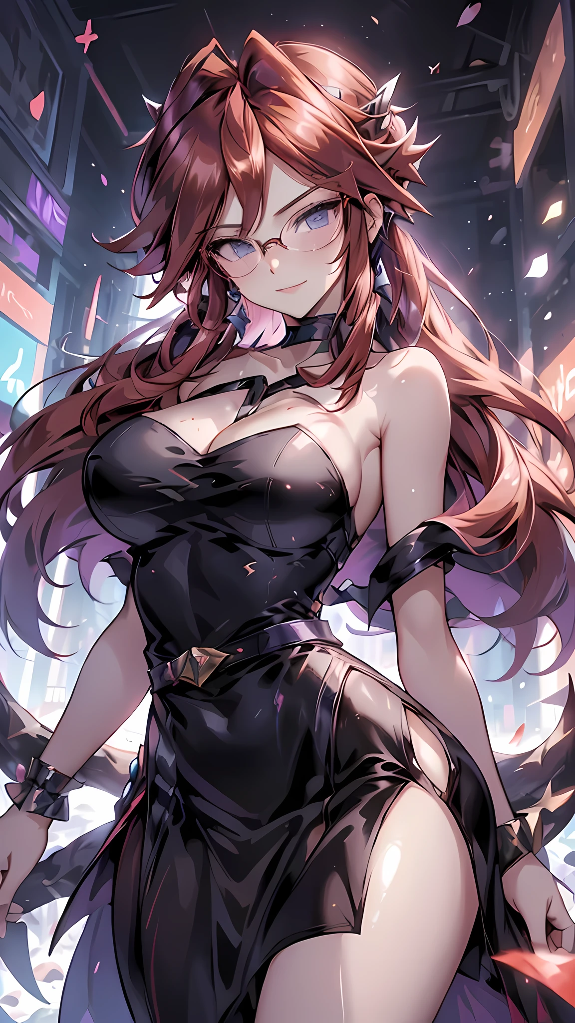 (masterpiece), best quality, expressive eyes, perfect face, red hair, swept bangs, glasses, collarbone, bracelet, high heels, ahoge, red hair, hair between eyes, cleavage, belt, purple skirt,(black strapless idol long dress:1.3),(bare shoulders),big breasts,cityscape,nightlights,dynamic angle,smiles,standing,head tilt,sexy pose,portrait close-up,(blue eyes:1.1)