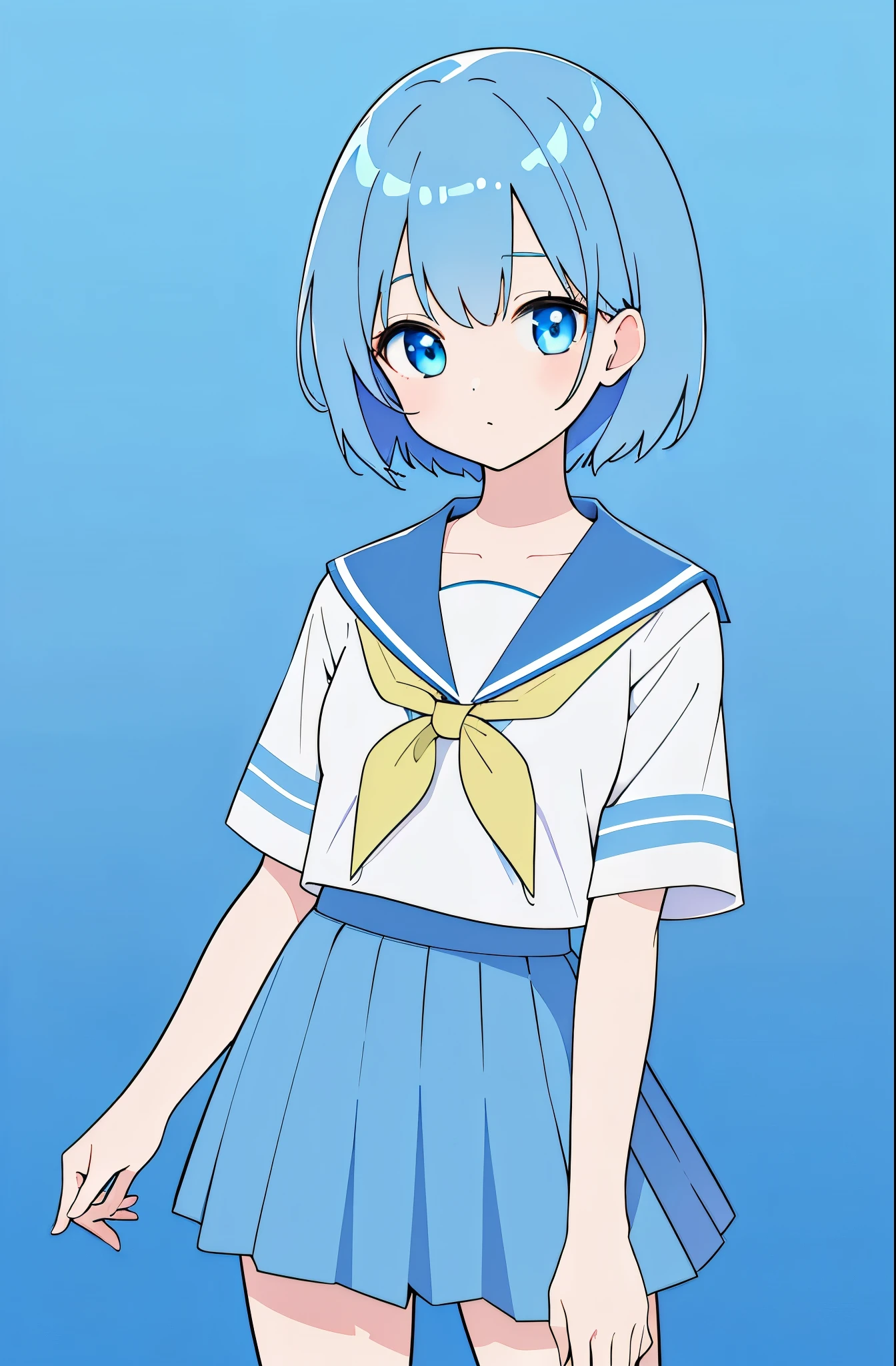 (best quality,ultrares,masterpiece:1.2) (watercolor: 1) (pastel colors: 0.8) 1girl solo, Earth-chan, (Blue-themed serafuku with blue skirt), starry blue eyes, Cute detailed face, detailed eyes, Blue-green short hair, (simple blue background)