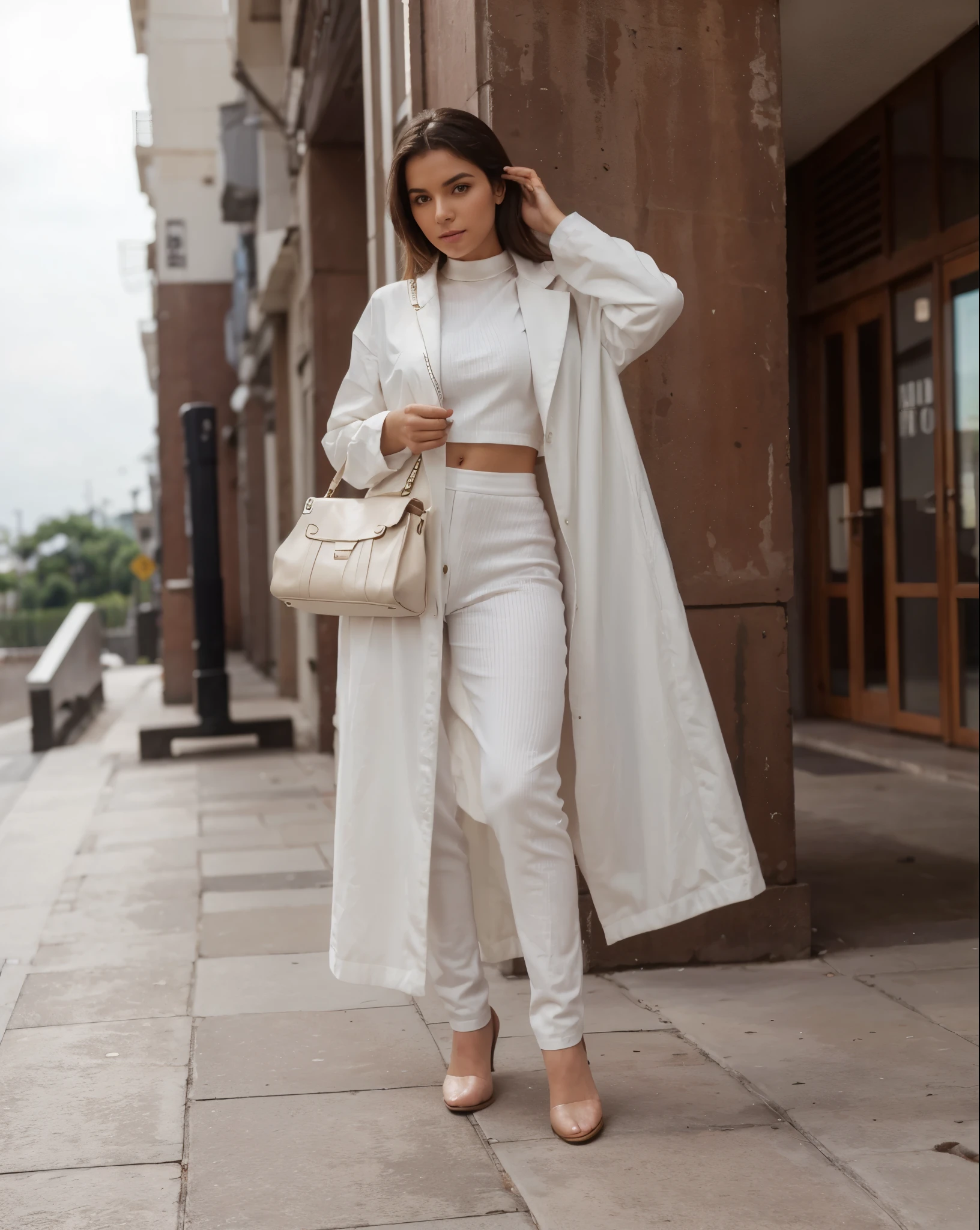 Make Larissa in this same pose wearing an identical outfit in an identical setting, cabelo castanho escuro