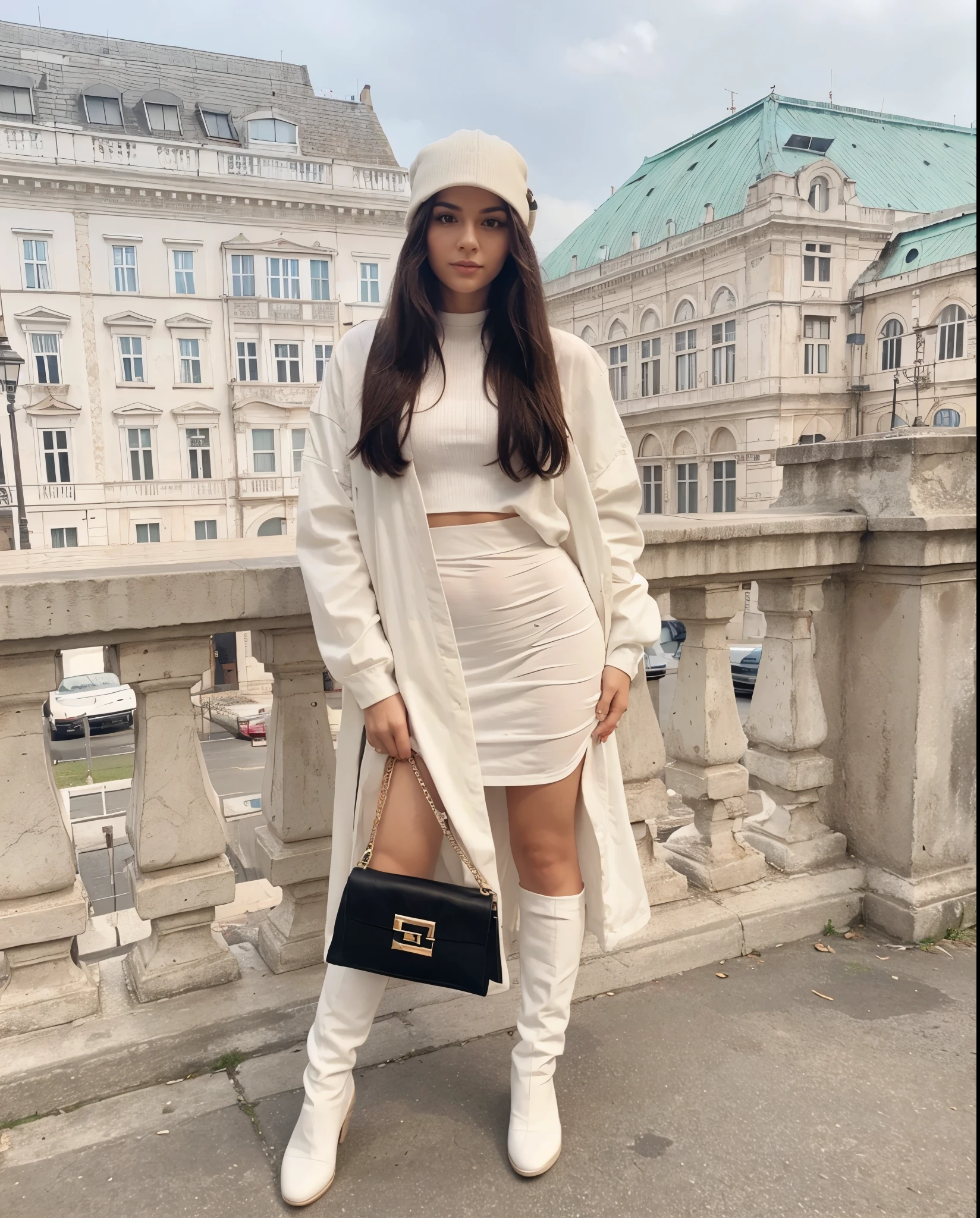 Make Larissa in this same pose wearing an identical outfit in an identical setting, cabelo castanho escuro