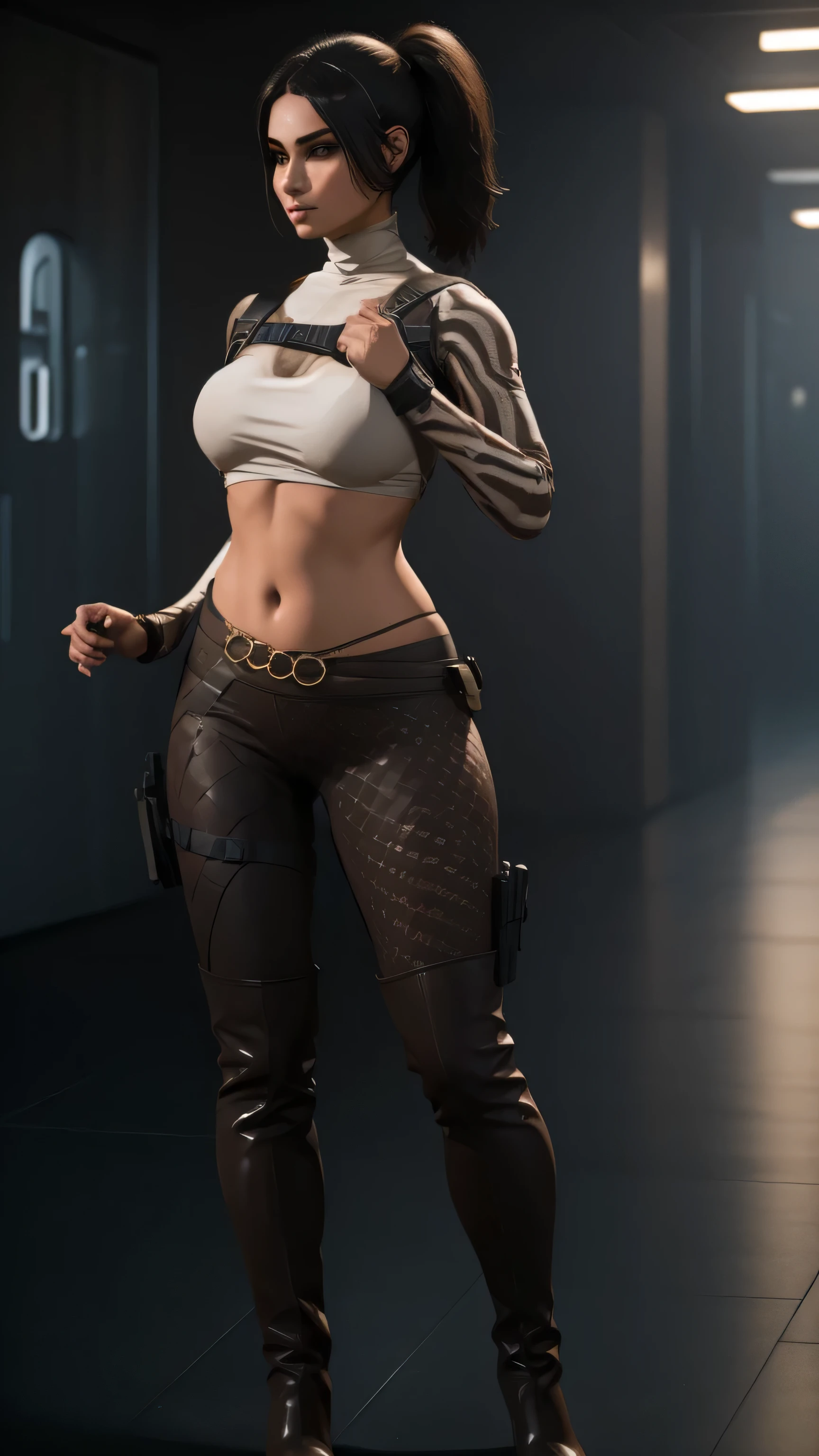 (full body portrait, 1 girl, looking at viewer, highly detailed, anatomy correct, perfect face, eyes, and hands:1.4), tactical gear, coffee knee boots, (athletic body:1.3), coffee leggings, jewelry, ponytail hair, ski mask, ((Best quality, masterpiece, Very beautiful woman)), Depth-of-field, Multi-layered textures, HDR (High Dynamic Range), Ray Tracing, NVIDIA RTX, Unreal 5, Subsurface scattering, PBR Texturing, Post-processing, Anisotropic Filtering, Maximum clarity and sharpness, Wide aperture, Low ISO, White balance, Rule of thirds, 8K RAW, (extremely slutty), (Highly realistic skin), sharp image, (extremely high quality artwork),