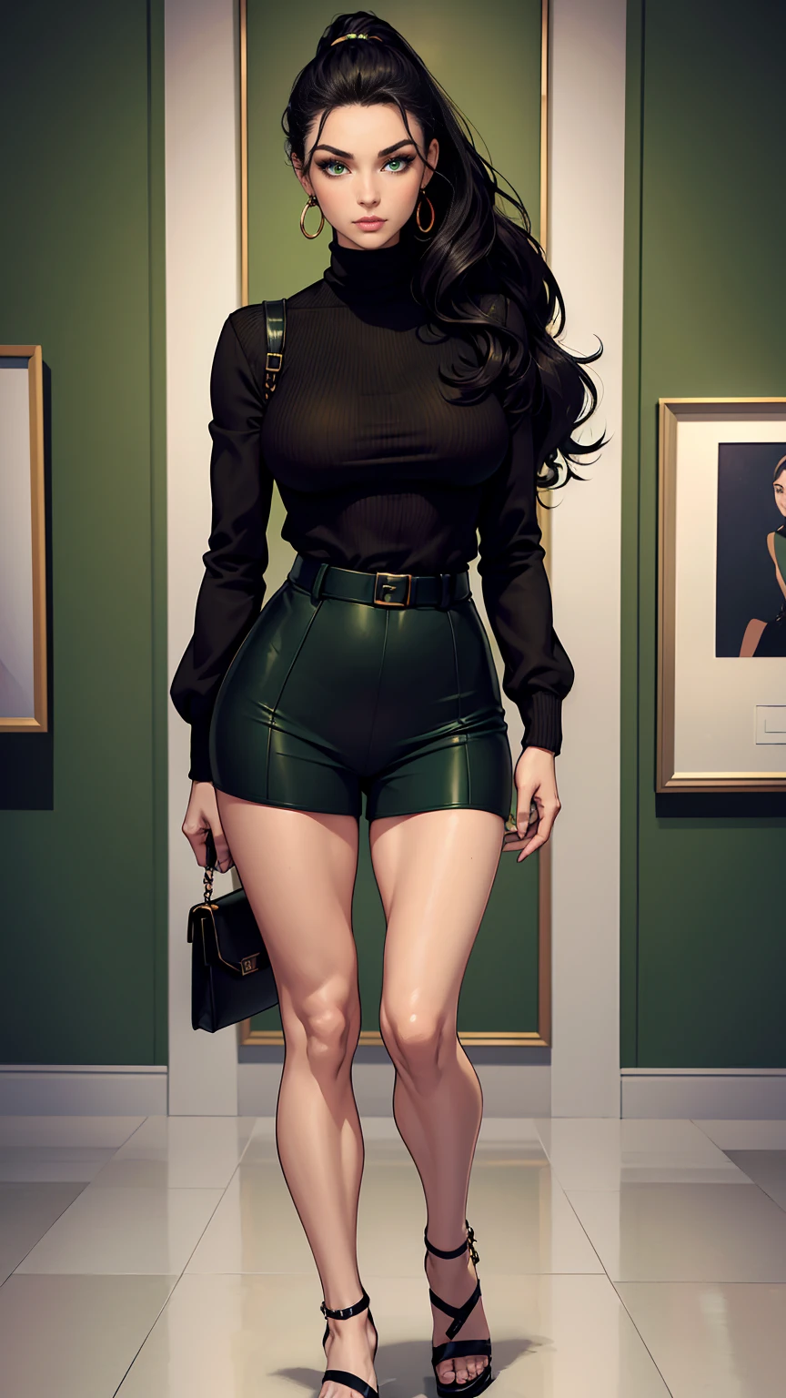 (masterpiece, Best quality, A high resolution, ultra detailed),(beautiful and aesthetically pleasing:1.2), (1 woman), adult, perfect body, wavy black hair, ((green eyes)), detailed eyes and face, (full body),  Modern Art Exhibit Attire: Culottes, Turtleneck sweater, Mules, Structured handbag, Geometric earrings, Sleek ponytail