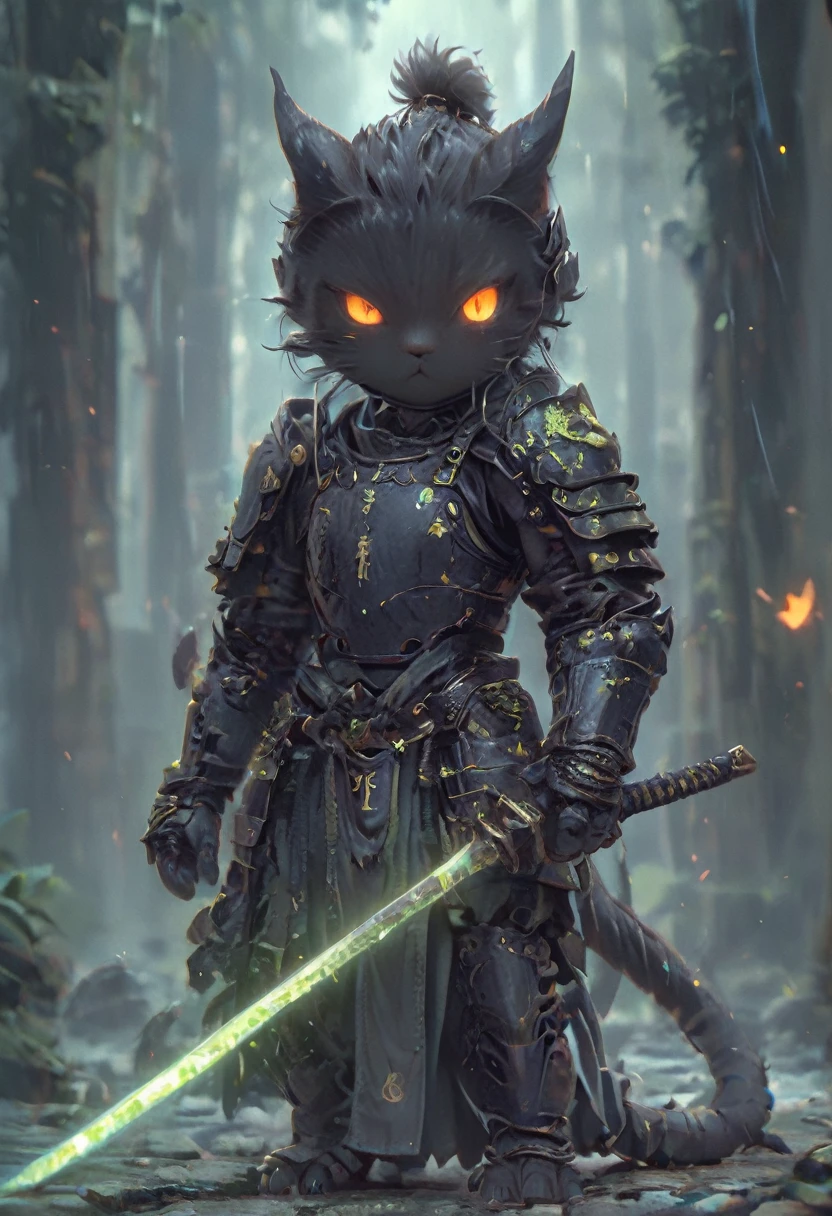 cat knight with glowing eyes, katana, Chibi Knight, (anthropomorphic cat), angry, dynamic pose, Movie Still, cover art, vertical symmetry, (masterpiece, best quality, perfect composition, very aesthetic, absurdres, ultra-detailed, intricate details, Professional, official art, Representative work:1.3)