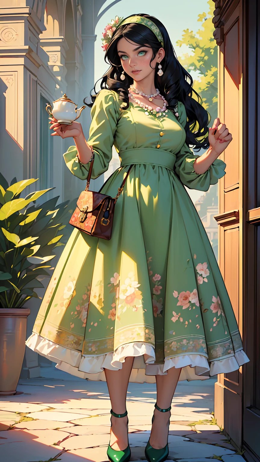 ((masterpiece, Best quality, A high resolution, ultra detailed),(beautiful and aesthetically pleasing:1.2), 1 woman, adult, perfect body, wavy black hair, ((green eyes)), detailed eyes and face, Full body, Vintage Tea Party Ensemble: Tea dress, Mary Jane shoes, Vintage handbag, Floral headband, Pearl necklace, Soft curls hairstyle