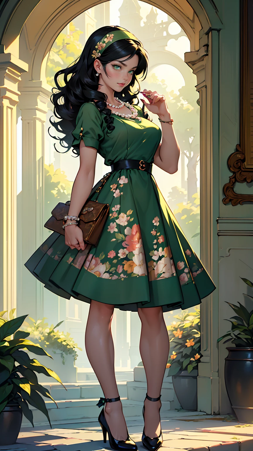 ((masterpiece, Best quality, A high resolution, ultra detailed),(beautiful and aesthetically pleasing:1.2), 1 woman, adult, perfect body, wavy black hair, ((green eyes)), detailed eyes and face, Full body, Vintage Tea Party Ensemble: Tea dress, Mary Jane shoes, Vintage handbag, Floral headband, Pearl necklace, Soft curls hairstyle