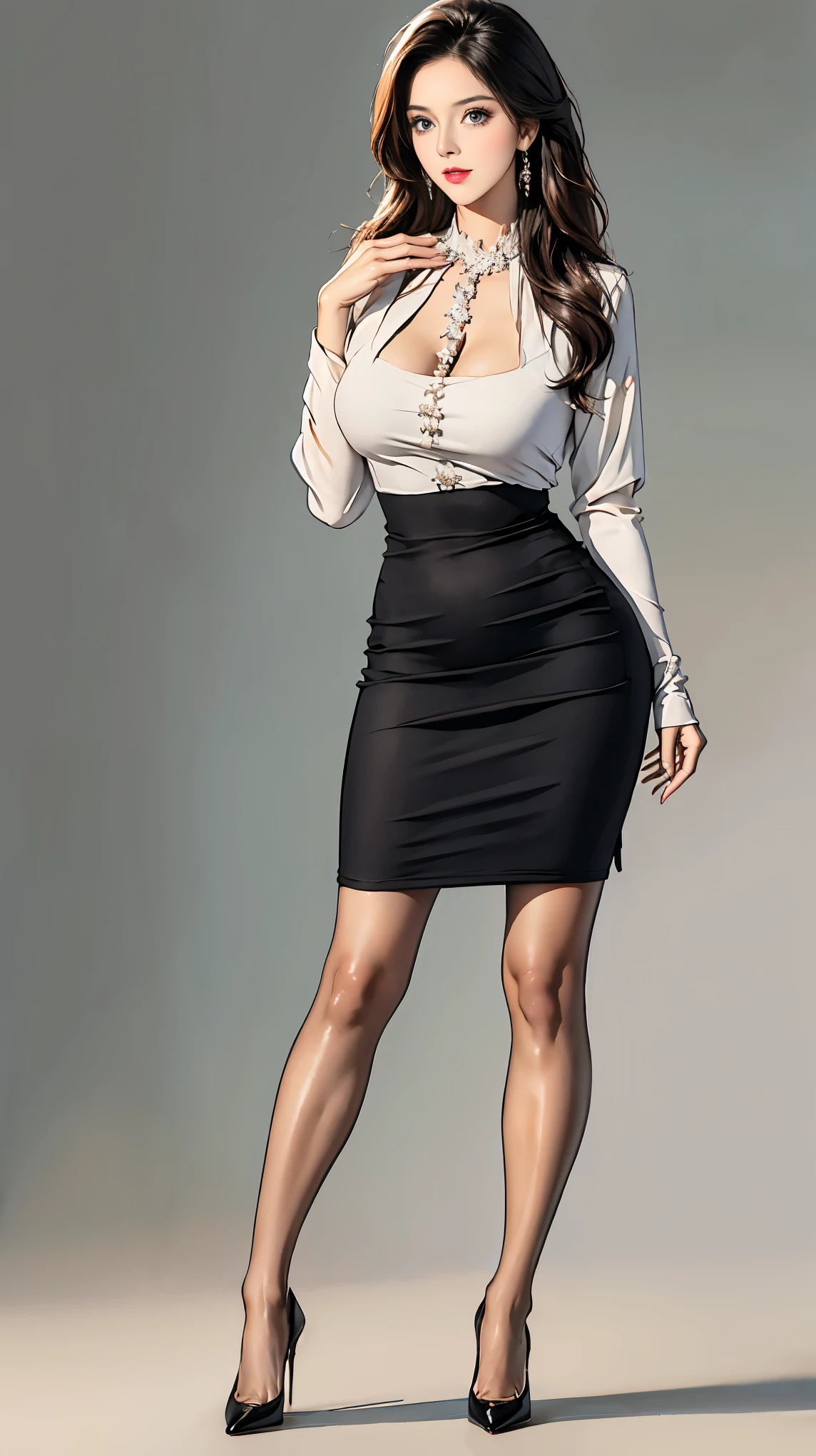 ((best quality,4k,highres,masterpiece:1.2)),((character concept art)), 1 female, 33-year-old university teacher, ((elegant, ethereal beauty, busty)), brunette hair, (fair skin colour), ultra finely detailed eyes (hazel eyes colour), hot, intelligent, educational enthusiast, slim body build, ((intricate detail)), super finely detailed hands, ultra finely detailed fingers(((ten fingers))), wearing outfit:((form-fitting blouse, very short pencil skirt, high heels, black stockings)), (standing professionally), (full body showcase), (show full body), (no logos on background), (no logo), ((plain background)), ((plain background)), (((empty background)))