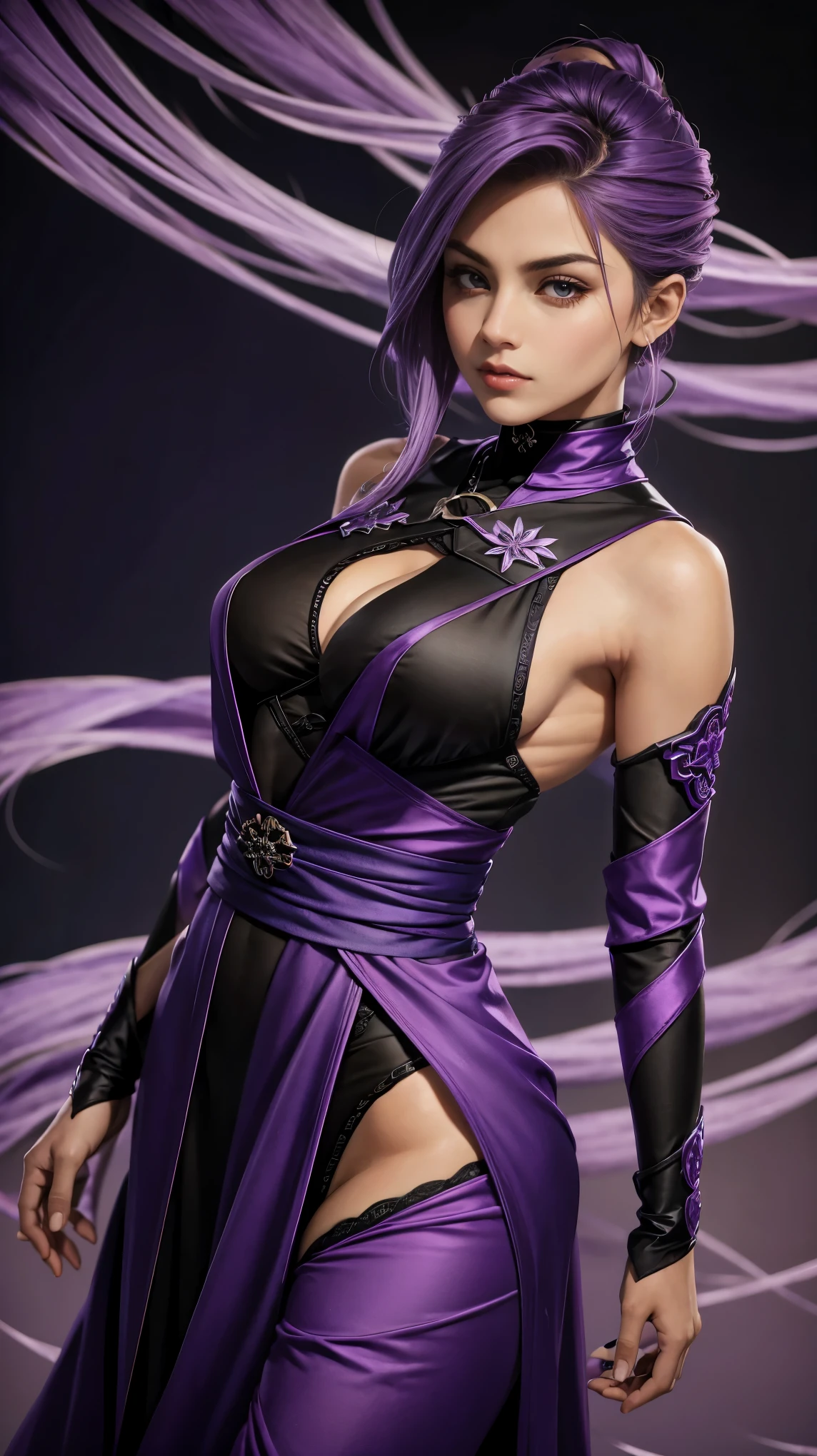 Uma mulher de longos cabelos roxo usando uma roupa ninja branca com detalhes dourados 