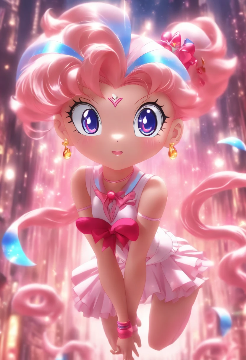 3D styled image ((Chibi Moon Character from Salior Moon Anime created by Naoko Takeuchi))with blue eyes and  pink hair that  tied into two heart-shaped odango,where coiled strings of hair emerge, Her bangs are shaped in an exaggerated heart-shape, wearing a white the leotard with pink sleeves and collar attached, the leotard has a pink chest bow and a pink heart brooch affixed in the Centre of it. Over the  leotard is a skirt that has two folds of pink  at the top and  two red folds at the  bottom, Her boots are pink with gold Tips


