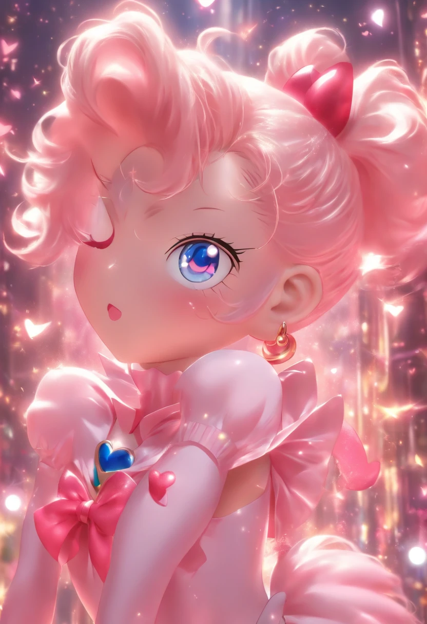 3D styled image ((Chibi Moon Character from Salior Moon Anime created by Naoko Takeuchi))with blue eyes and pink hair that tied into two heart-shaped odango,where coiled strings of hair emerge, Her bangs are shaped in an exaggerated heart-shape, wearing a white the leotard with pink sleeves and collar attached, the leotard has a pink chest bow and a pink heart brooch affixed in the Centre of it. Over the leotard is a skirt that has two folds of pink at the top and two red folds at the bottom, Her boots are pink with gold Tips