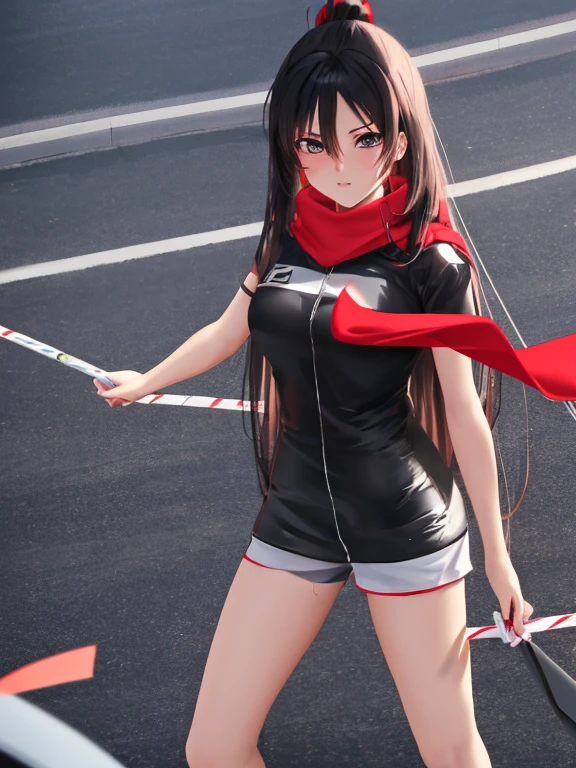 Anime girl with long hair and red scarf standing in front of the crowd, 4K anime style, 4k anime wallpapers, 4k anime wallpapers, Anime wallpaper 4K, Badass anime 8 K, Anime art wallpaper 4k, Anime art wallpaper 4k, 4k manga wallpapers, Anime art wallpaper 8k, style of anime. 8K, female anime character